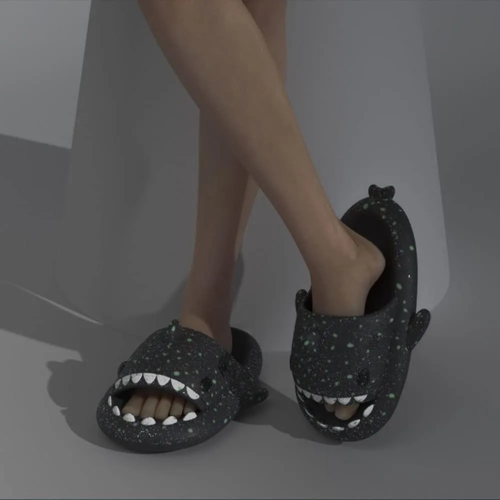 Hrtesus Galaxy Shark Slides Glow In The Dark For Men and Women, EVA Open Toe Platform Cloud Cushion Adult Shark Slippers With Glitter