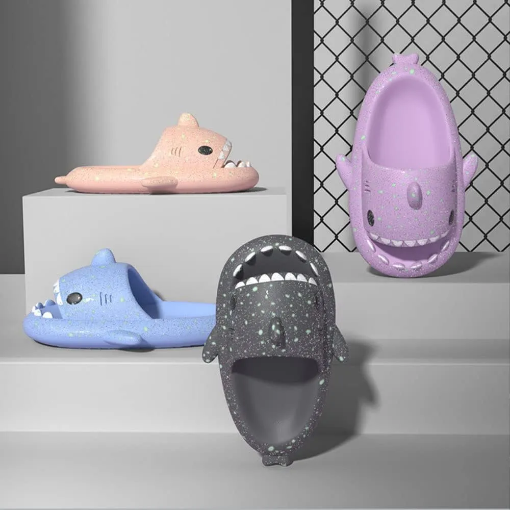 Hrtesus Galaxy Shark Slides Glow In The Dark For Men and Women, EVA Open Toe Platform Cloud Cushion Adult Shark Slippers With Glitter
