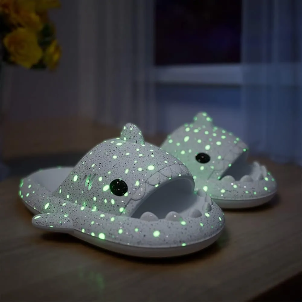 Hrtesus Galaxy Shark Slides Glow In The Dark For Men and Women, EVA Open Toe Platform Cloud Cushion Adult Shark Slippers With Glitter