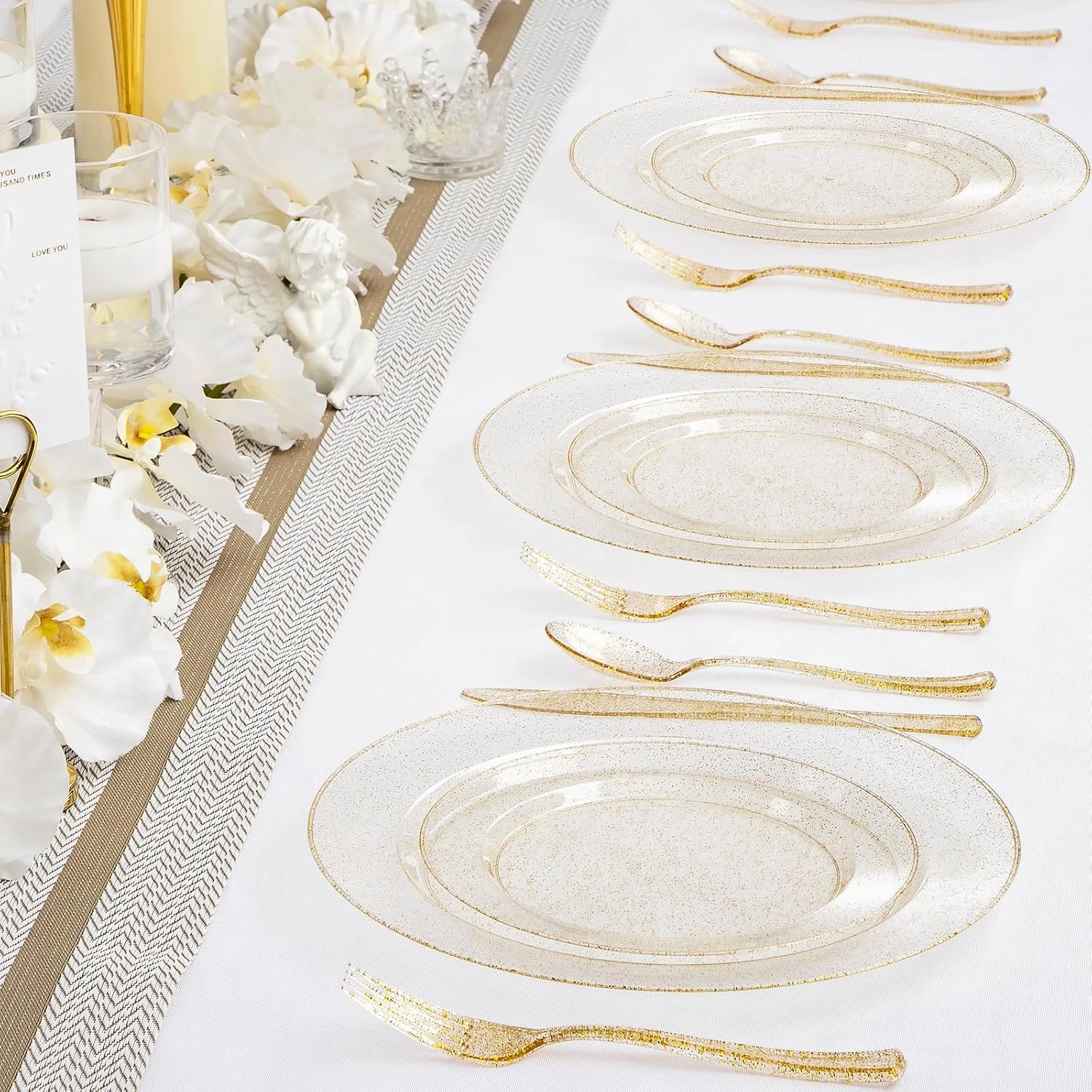 I00000 600Pcs Gold Glitter Plastic Plates for 100 Guests, Plastic Dinnerware Set of 100 Glitter Disposable Plates, 100 Dessert Plates, 200 Forks, 100 Knives and 100 Spoons Perfect for Party & Wedding