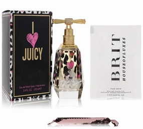 I Love Juicy 3.4 oz Eau De Parfum Spray for Women – Fruity Floral Perfume with Black Currant, Jasmine & Vanilla Notes   Pink Sugar Sensual & Brit Sample Vials