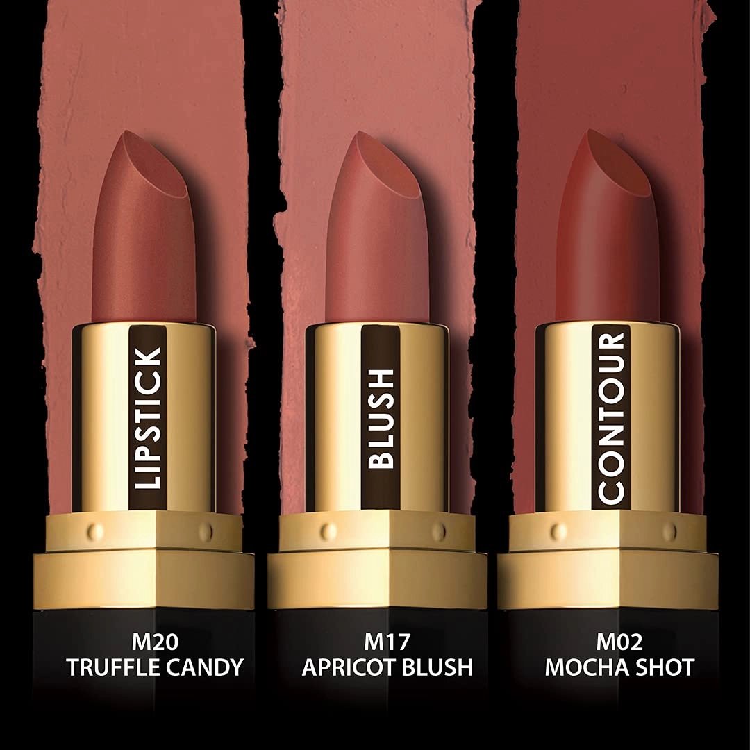 Iba Multi-Tasking Lipstick Trio - Peach Sorbet, Lipstick, Blush, Contour Brown Matte, 12g (Pack of 1) | Halal Certified & Vegan Makeup