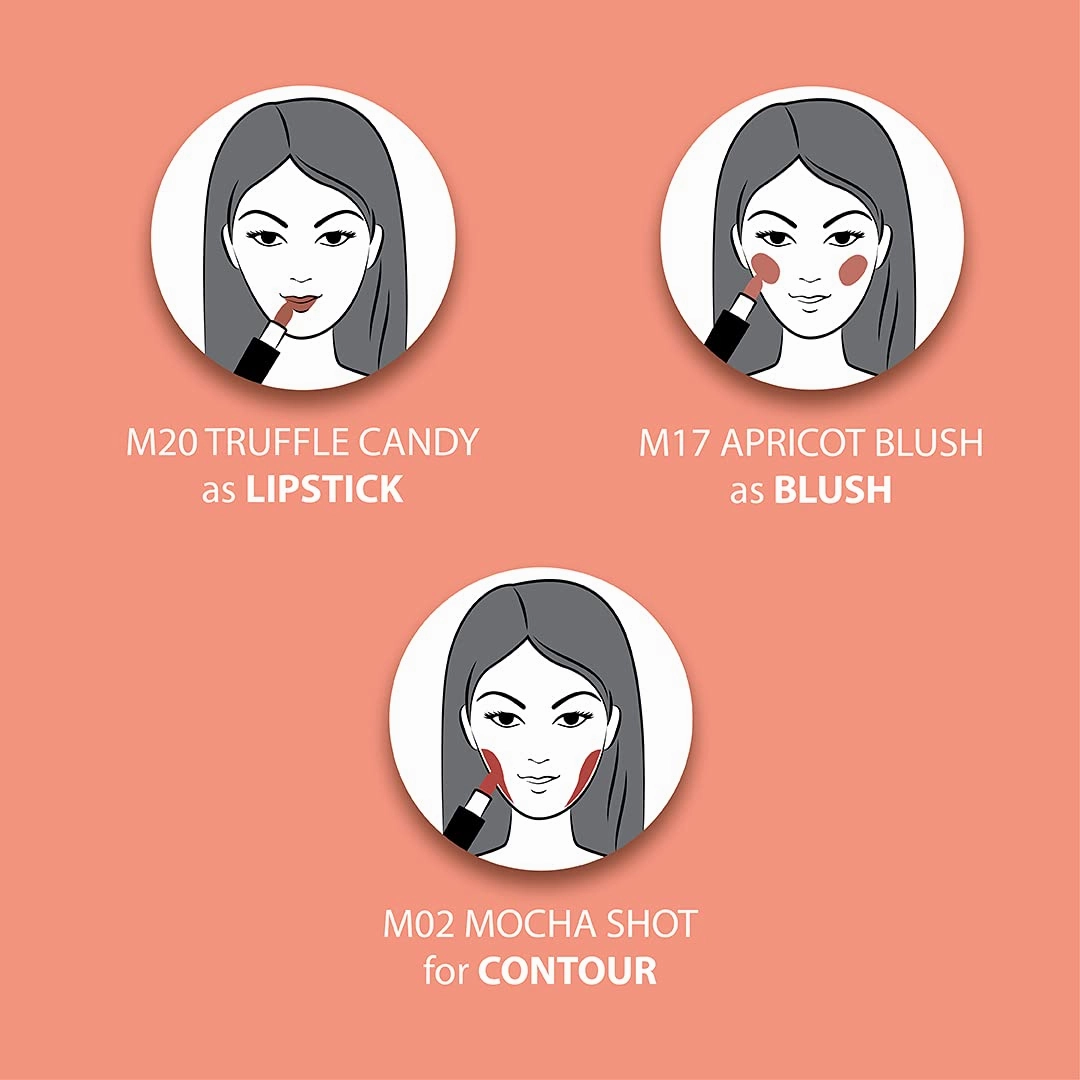 Iba Multi-Tasking Lipstick Trio - Peach Sorbet, Lipstick, Blush, Contour Brown Matte, 12g (Pack of 1) | Halal Certified & Vegan Makeup
