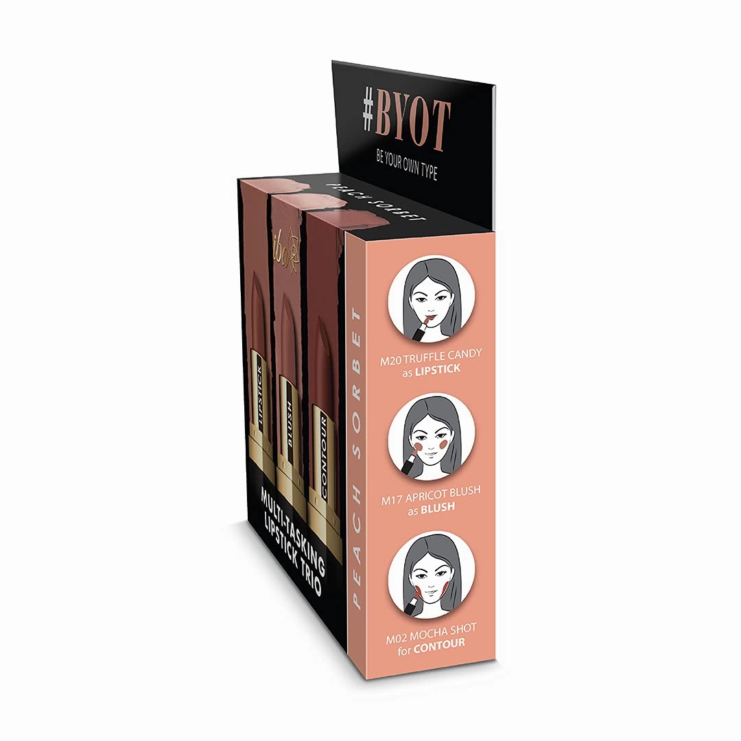 Iba Multi-Tasking Lipstick Trio - Peach Sorbet, Lipstick, Blush, Contour Brown Matte, 12g (Pack of 1) | Halal Certified & Vegan Makeup