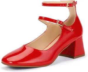 IDIFU IN2 Mary Jane Shoes Low Block Chunky Closed Toe Heels Dress Shoes for Women Square Toe Ankle Strap Wedding Prom Work Office Dressy Heels Comfortable Vintage Trendy Short Pumps