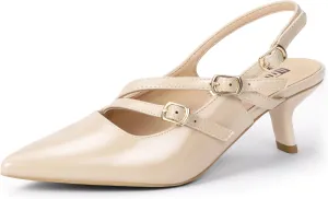 IDIFU IN3 Slingback Heels Closed Pointed Toe Pumps Strappy Low Short Chunky Block Dress Shoes for Women Wedding Bridal Prom Formal Graduation Heels Comfortable Cute Trendy Dressy Small Pumps Shoes