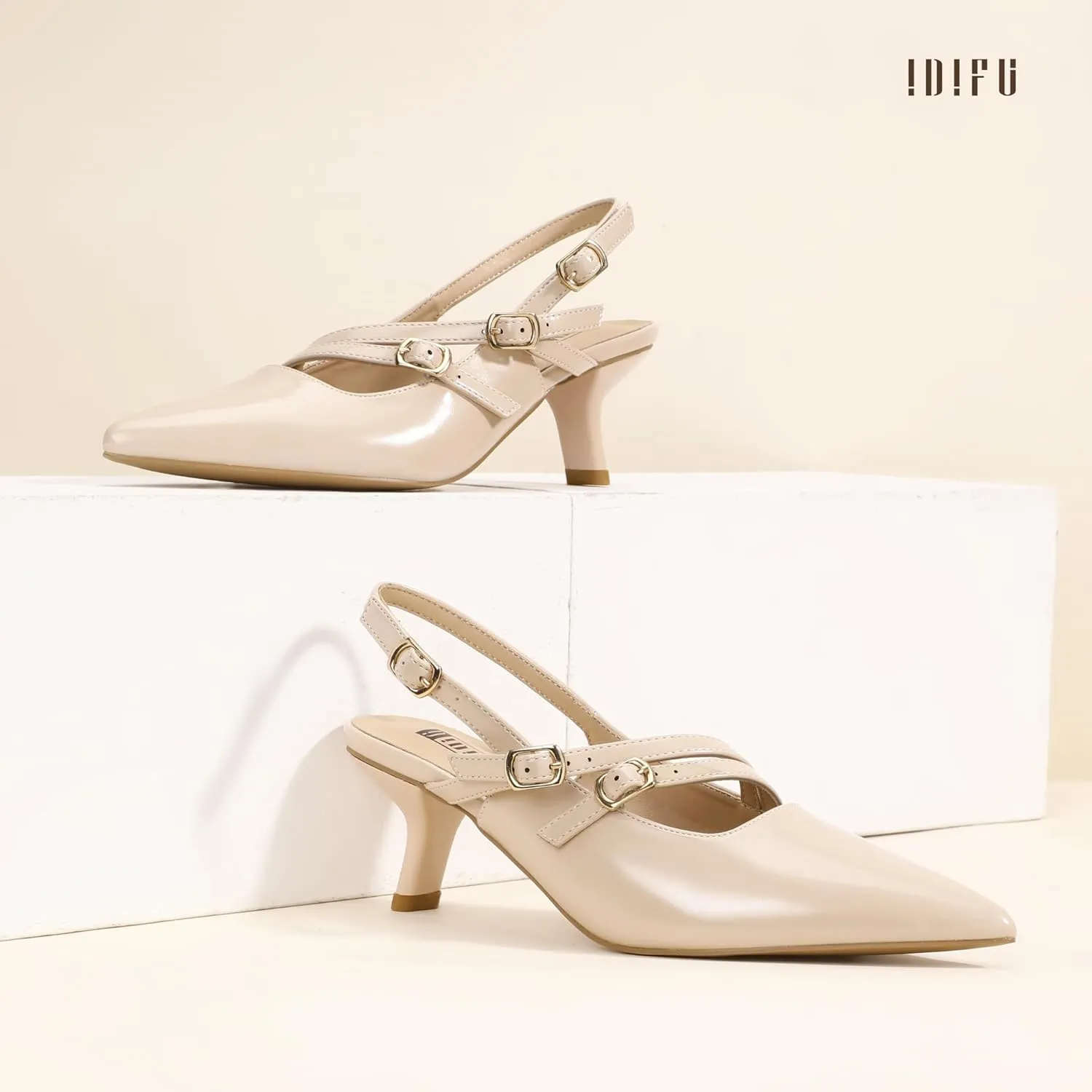 IDIFU IN3 Slingback Heels Closed Pointed Toe Pumps Strappy Low Short Chunky Block Dress Shoes for Women Wedding Bridal Prom Formal Graduation Heels Comfortable Cute Trendy Dressy Small Pumps Shoes