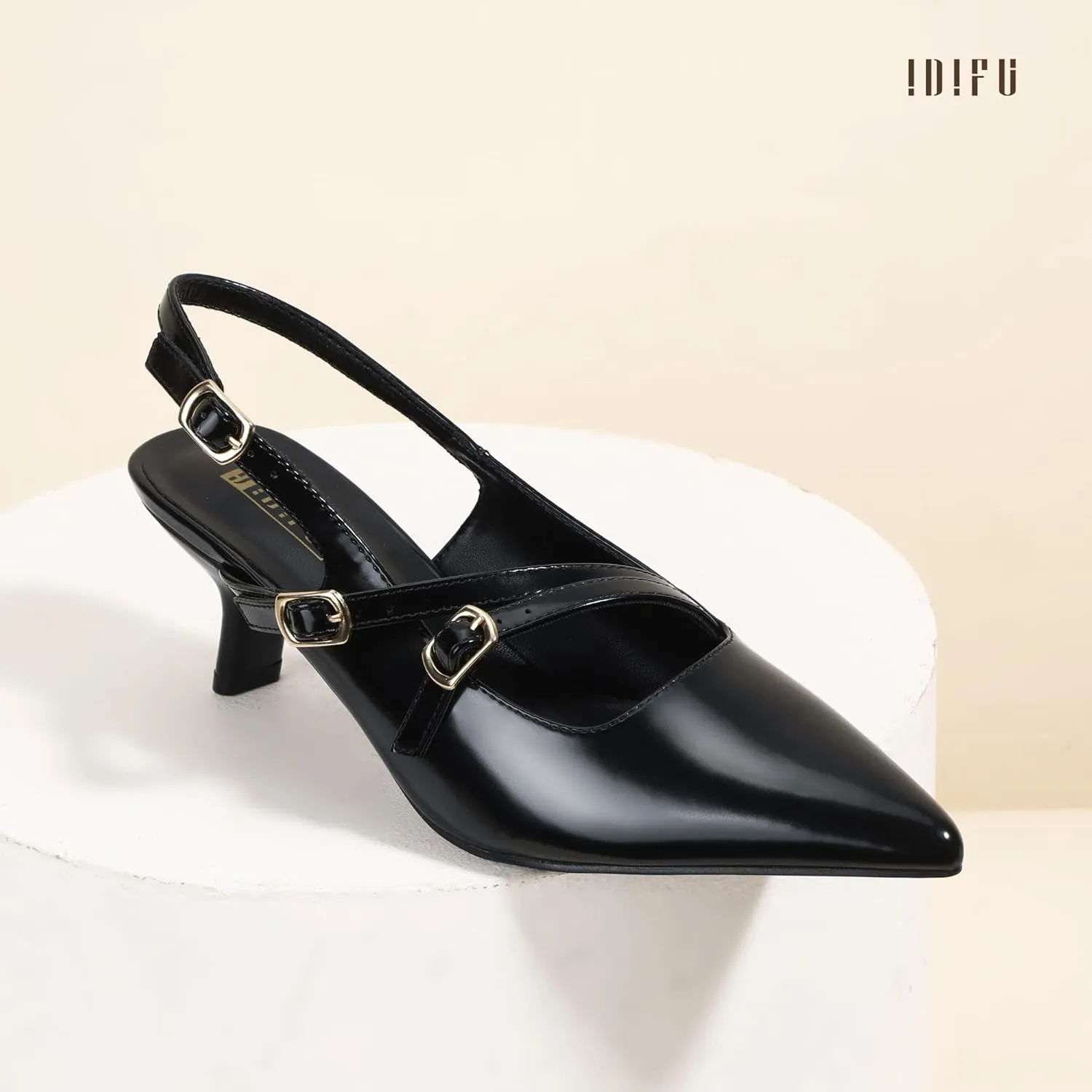 IDIFU IN3 Slingback Heels Closed Pointed Toe Pumps Strappy Low Short Chunky Block Dress Shoes for Women Wedding Bridal Prom Formal Graduation Heels Comfortable Cute Trendy Dressy Small Pumps Shoes
