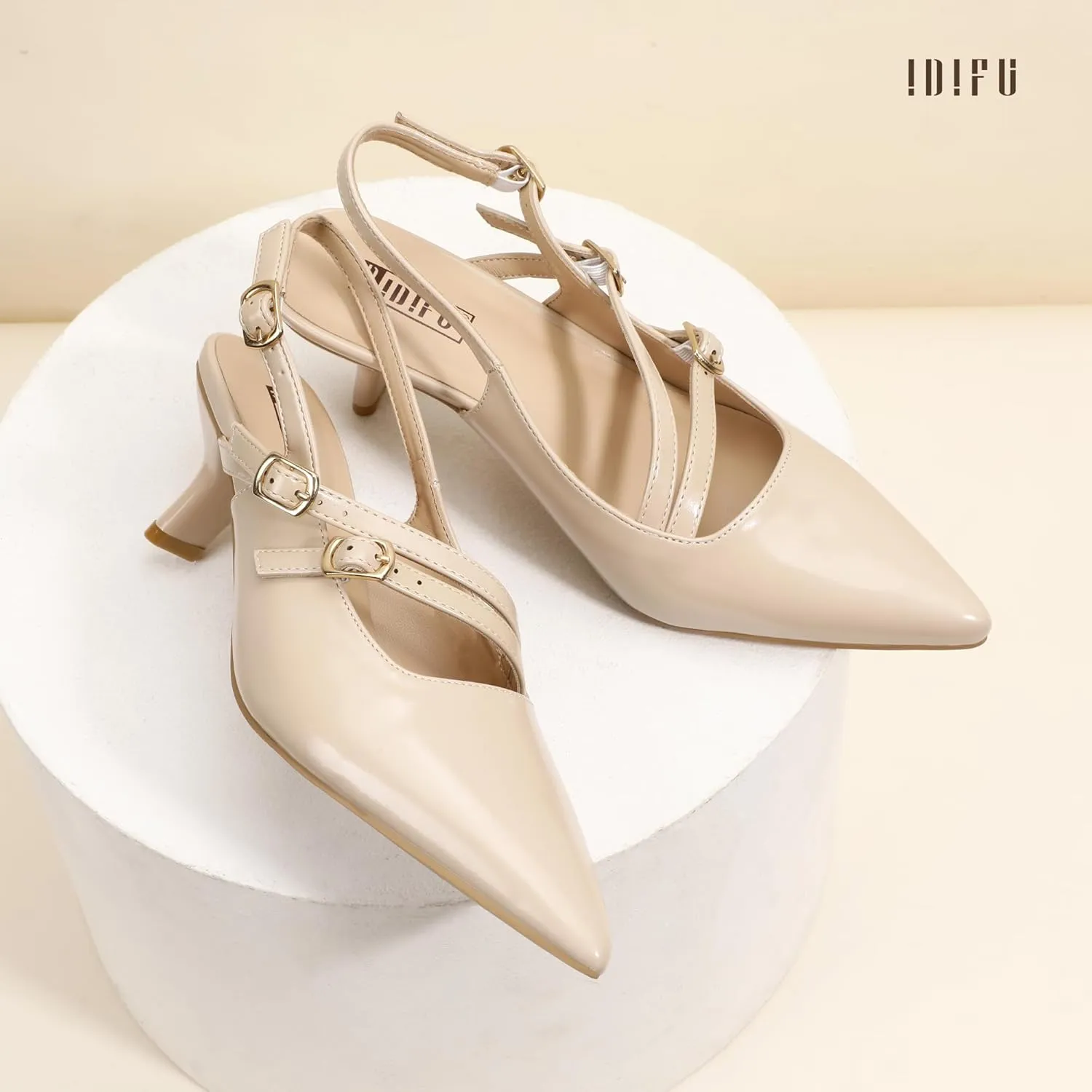 IDIFU IN3 Slingback Heels Closed Pointed Toe Pumps Strappy Low Short Chunky Block Dress Shoes for Women Wedding Bridal Prom Formal Graduation Heels Comfortable Cute Trendy Dressy Small Pumps Shoes