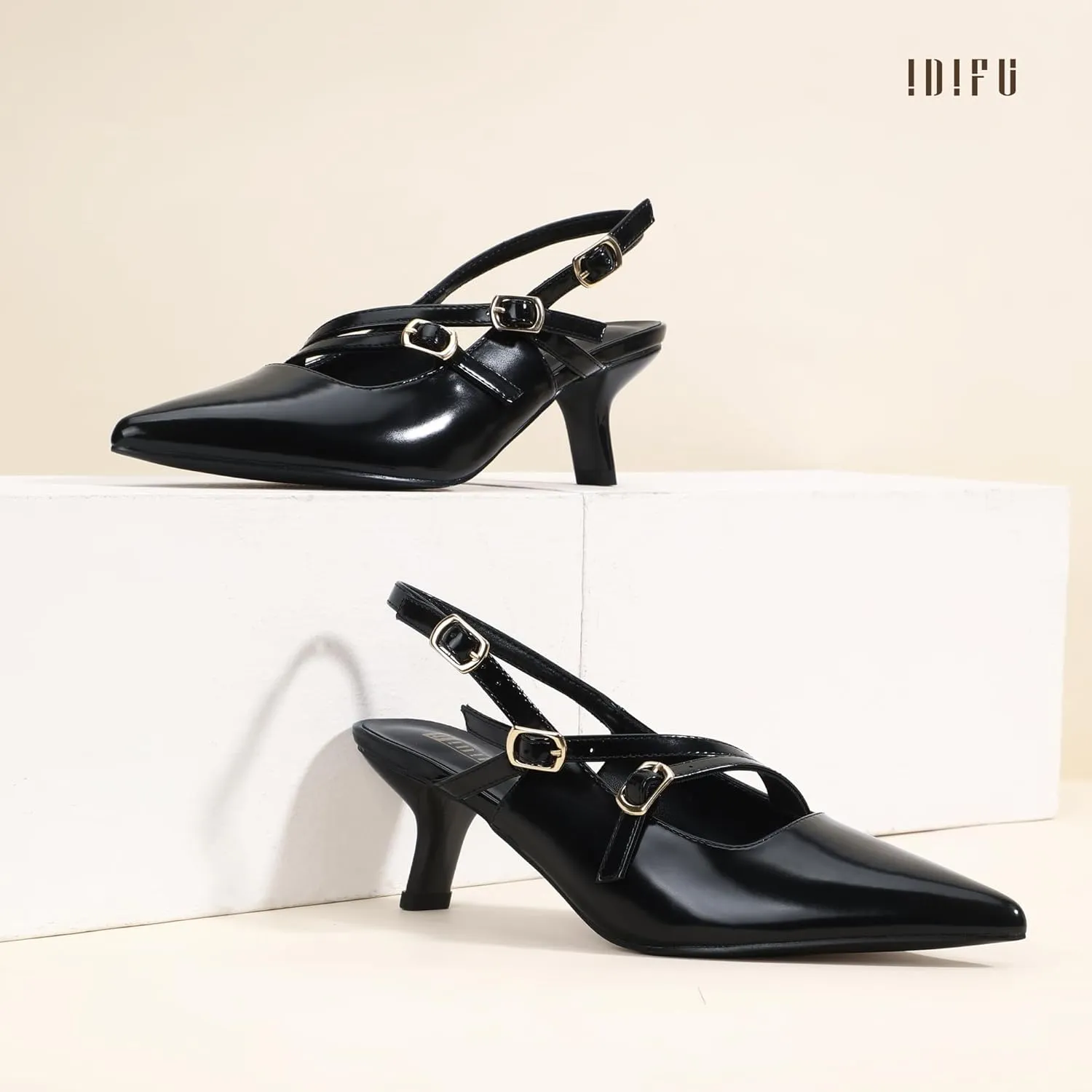 IDIFU IN3 Slingback Heels Closed Pointed Toe Pumps Strappy Low Short Chunky Block Dress Shoes for Women Wedding Bridal Prom Formal Graduation Heels Comfortable Cute Trendy Dressy Small Pumps Shoes