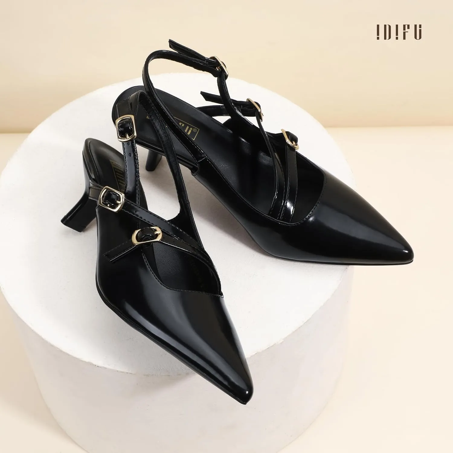 IDIFU IN3 Slingback Heels Closed Pointed Toe Pumps Strappy Low Short Chunky Block Dress Shoes for Women Wedding Bridal Prom Formal Graduation Heels Comfortable Cute Trendy Dressy Small Pumps Shoes