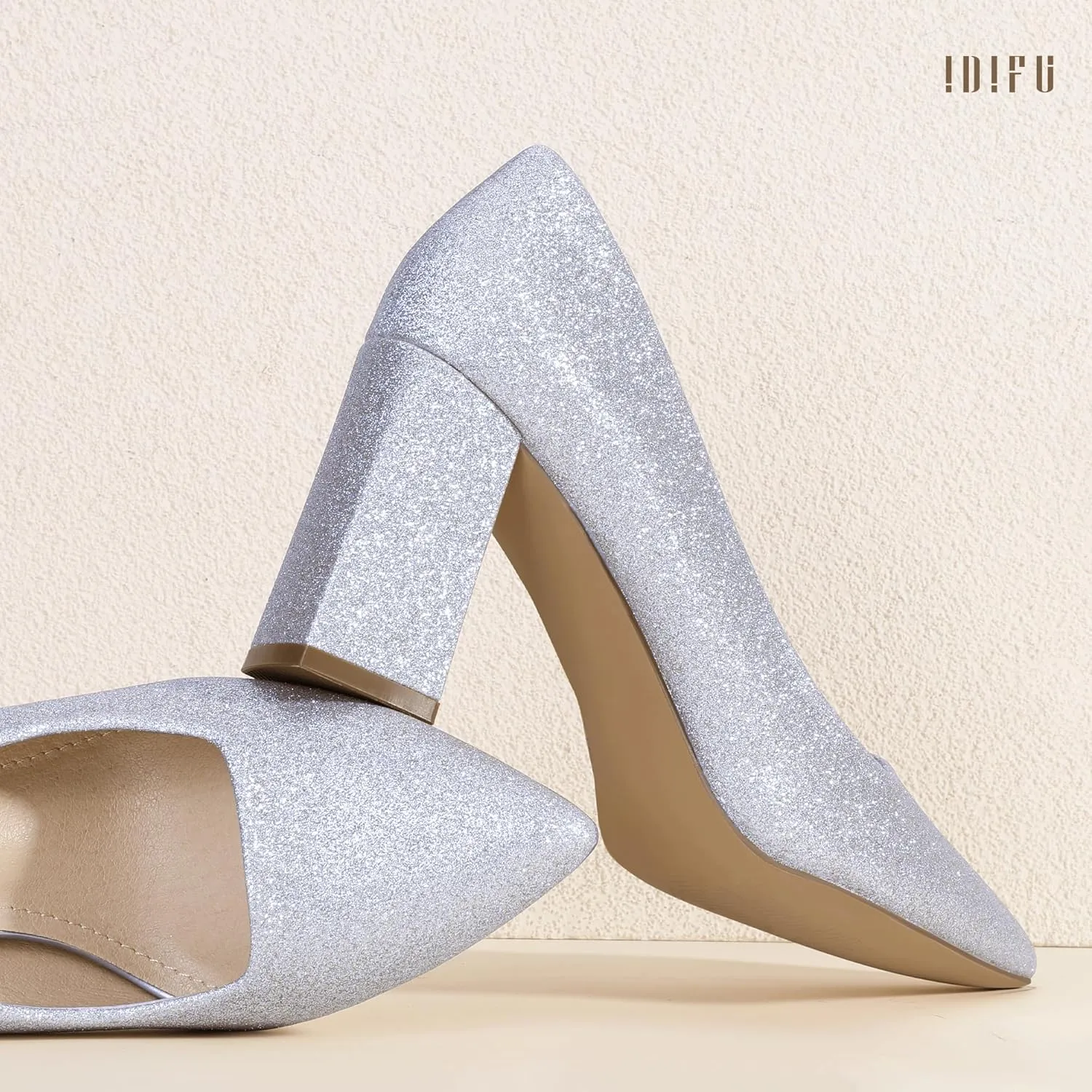 IDIFU IN3 Women's Chunky Block Heels - Pointed Toe Dress Shoes for Women - Dressy Wedding Bride Bridal Prom Work Office Comfortable Thick Heels Pumps Shoes