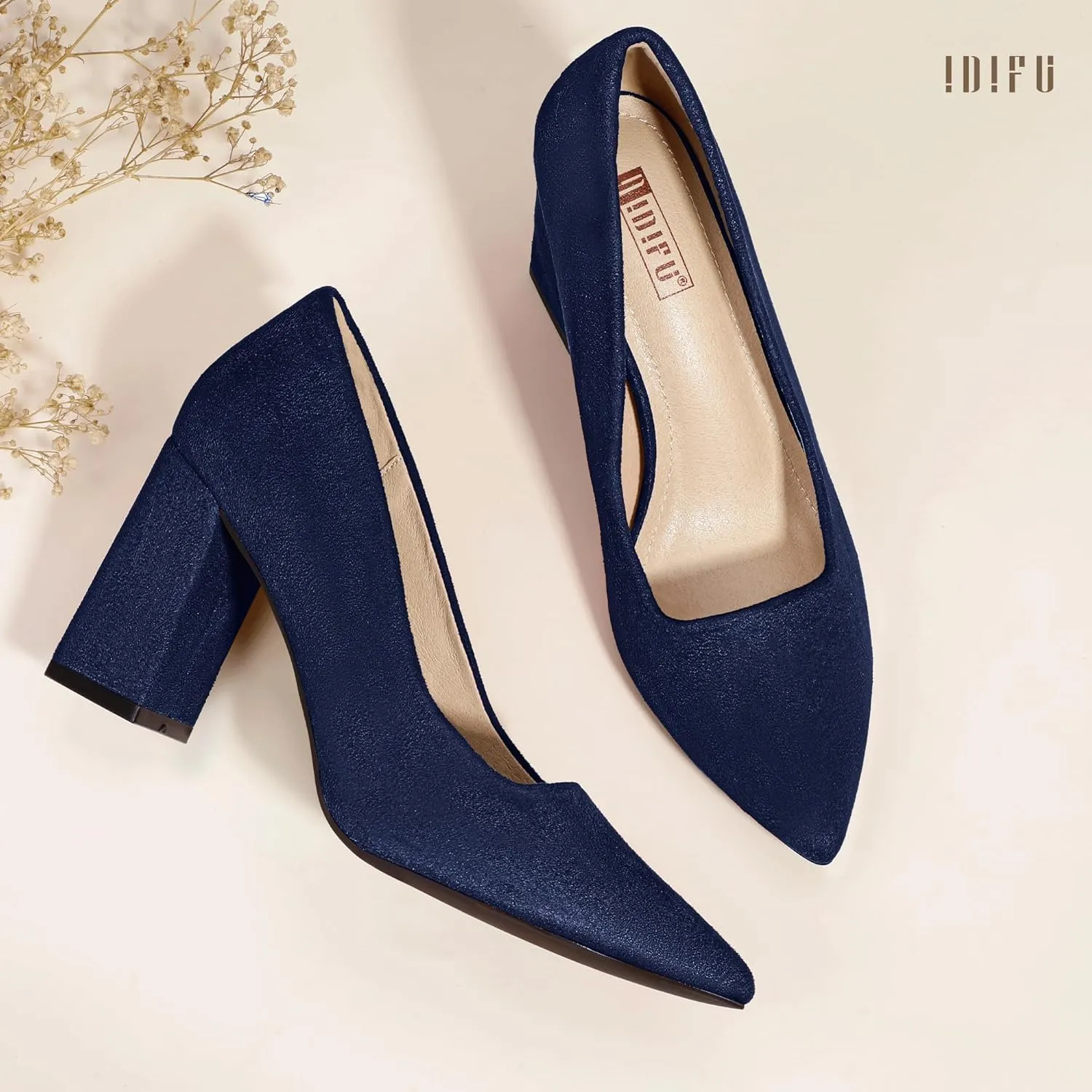 IDIFU IN3 Women's Chunky Block Heels - Pointed Toe Dress Shoes for Women - Dressy Wedding Bride Bridal Prom Work Office Comfortable Thick Heels Pumps Shoes