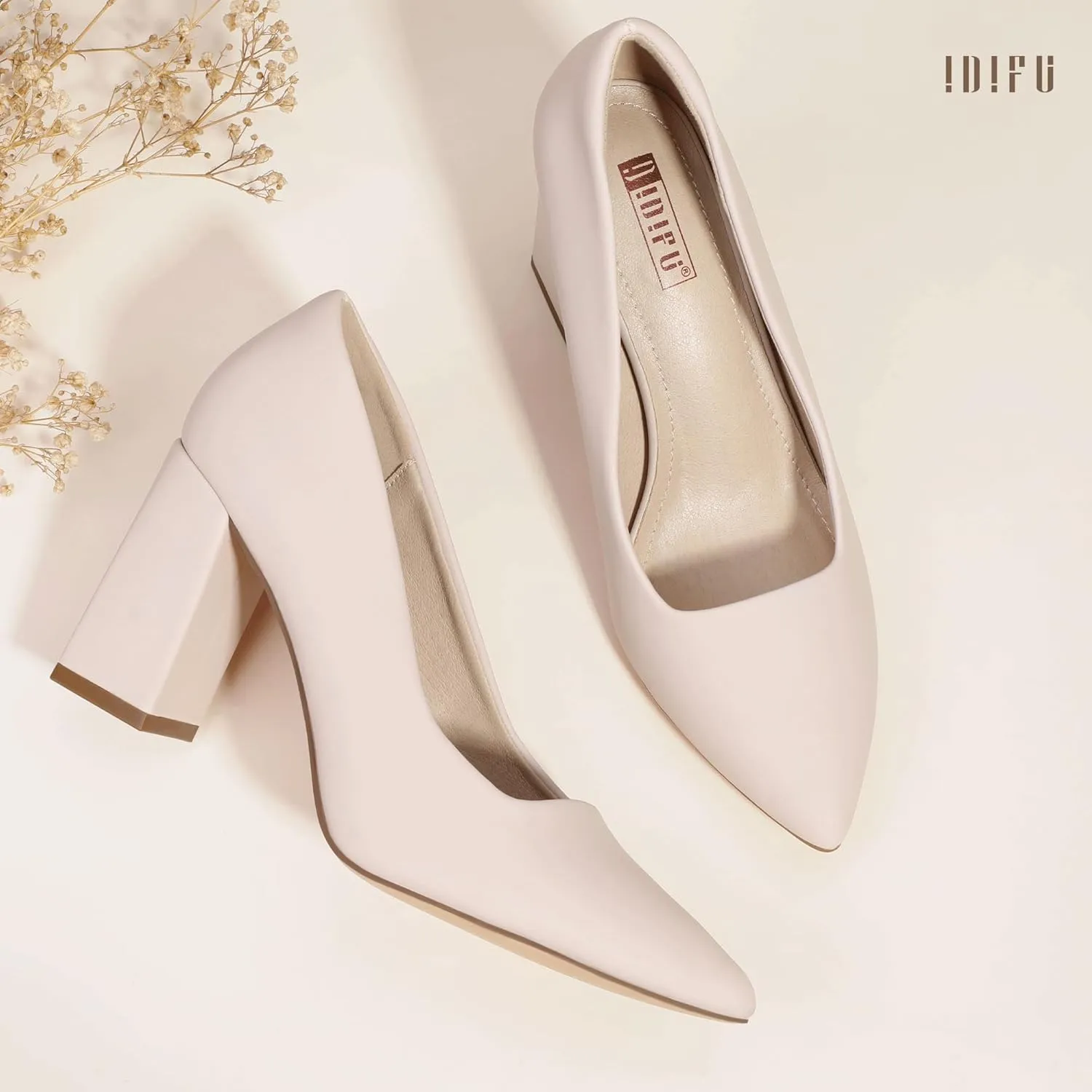 IDIFU IN3 Women's Chunky Block Heels - Pointed Toe Dress Shoes for Women - Dressy Wedding Bride Bridal Prom Work Office Comfortable Thick Heels Pumps Shoes