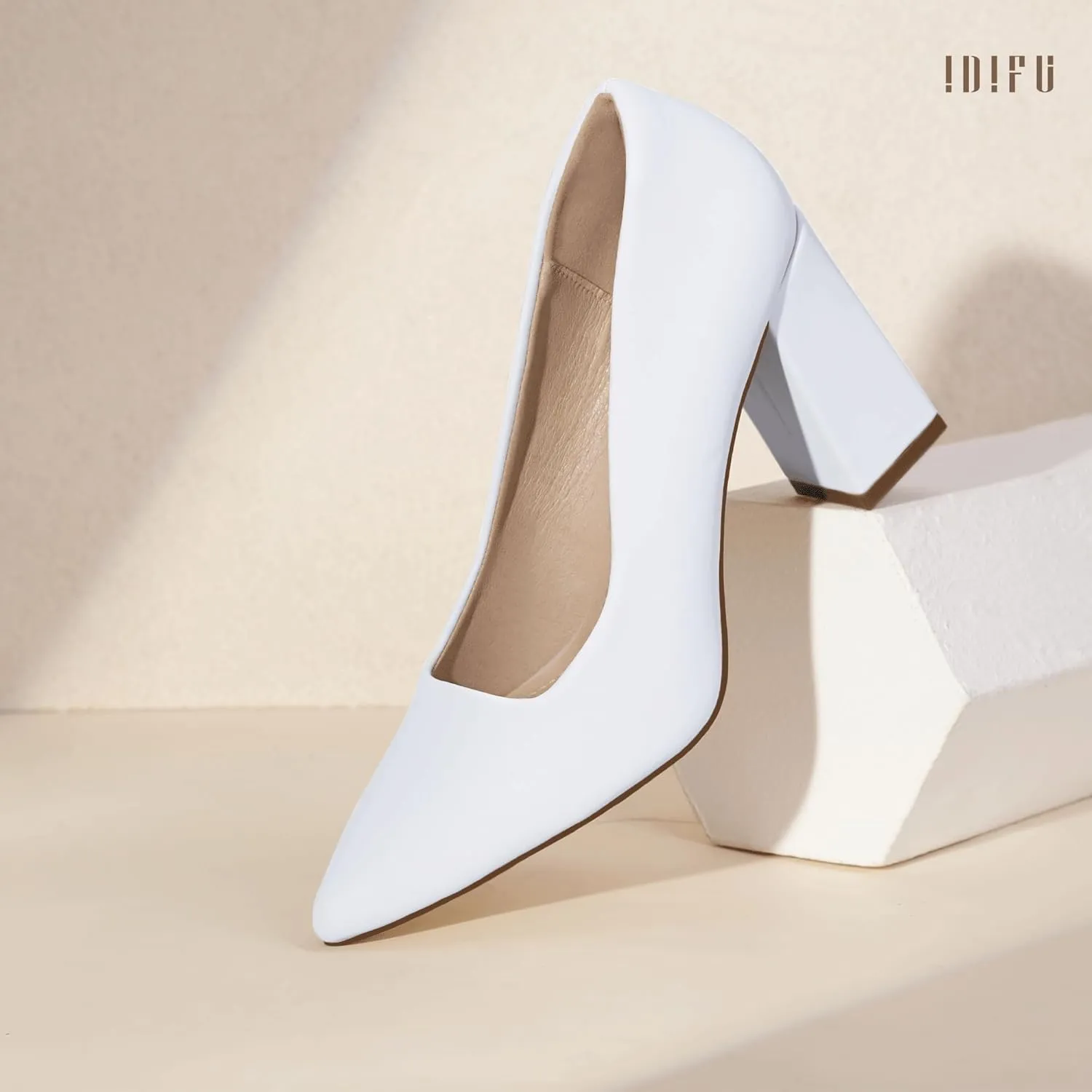 IDIFU IN3 Women's Chunky Block Heels - Pointed Toe Dress Shoes for Women - Dressy Wedding Bride Bridal Prom Work Office Comfortable Thick Heels Pumps Shoes