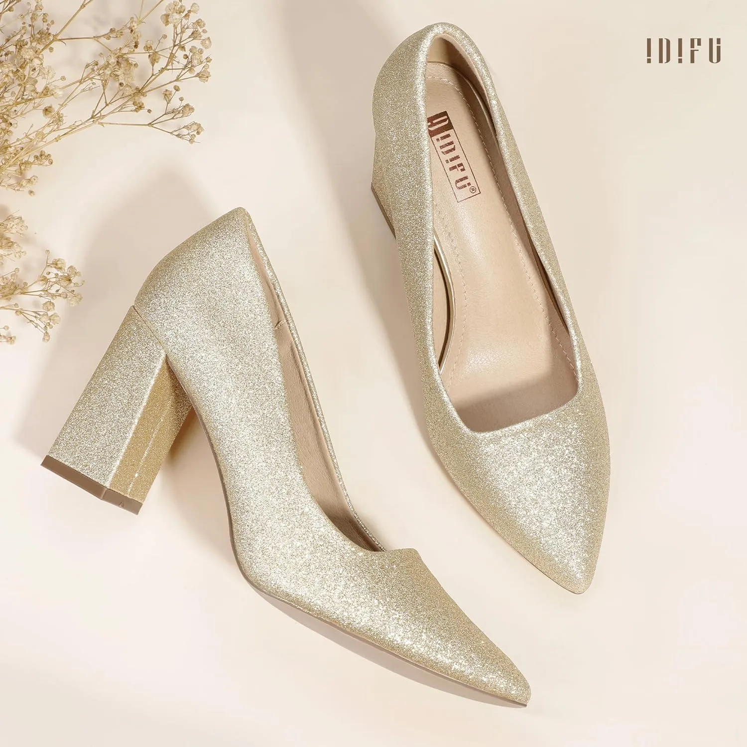 IDIFU IN3 Women's Chunky Block Heels - Pointed Toe Dress Shoes for Women - Dressy Wedding Bride Bridal Prom Work Office Comfortable Thick Heels Pumps Shoes
