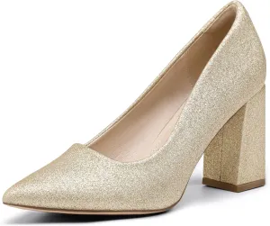 IDIFU IN3 Women's Chunky Block Heels - Pointed Toe Dress Shoes for Women - Dressy Wedding Bride Bridal Prom Work Office Comfortable Thick Heels Pumps Shoes