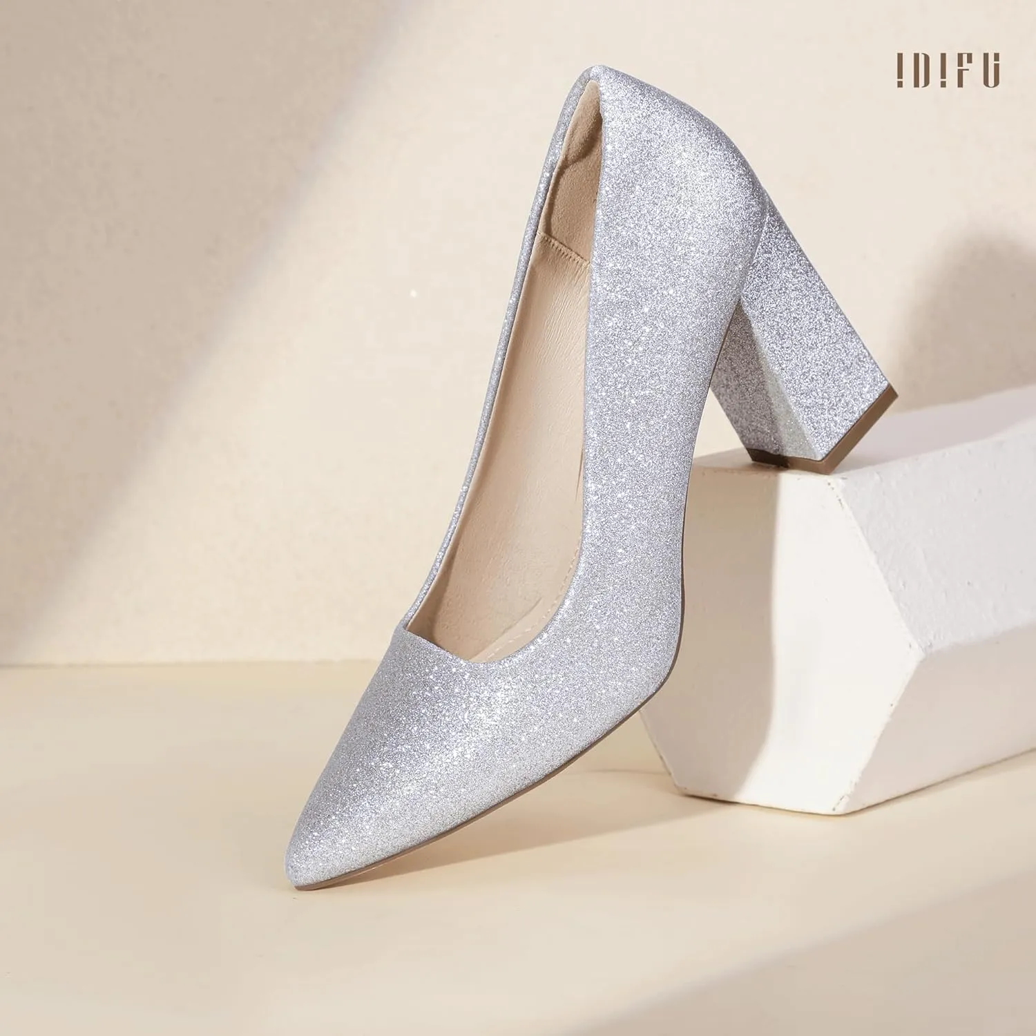 IDIFU IN3 Women's Chunky Block Heels - Pointed Toe Dress Shoes for Women - Dressy Wedding Bride Bridal Prom Work Office Comfortable Thick Heels Pumps Shoes