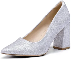 IDIFU IN3 Women's Chunky Block Heels - Pointed Toe Dress Shoes for Women - Dressy Wedding Bride Bridal Prom Work Office Comfortable Thick Heels Pumps Shoes
