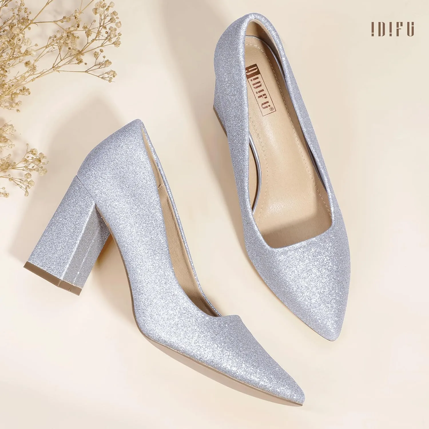 IDIFU IN3 Women's Chunky Block Heels - Pointed Toe Dress Shoes for Women - Dressy Wedding Bride Bridal Prom Work Office Comfortable Thick Heels Pumps Shoes