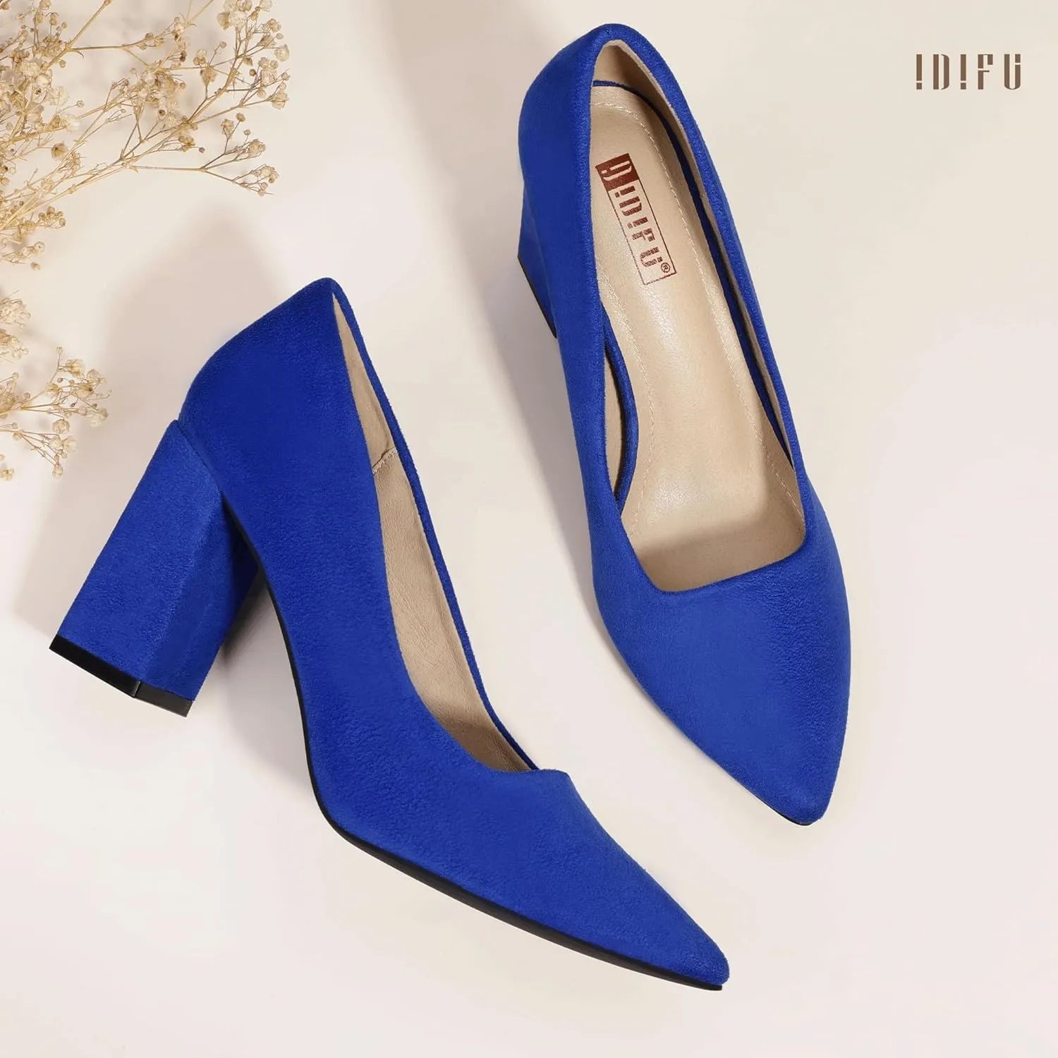 IDIFU IN3 Women's Chunky Block Heels - Pointed Toe Dress Shoes for Women - Dressy Wedding Bride Bridal Prom Work Office Comfortable Thick Heels Pumps Shoes