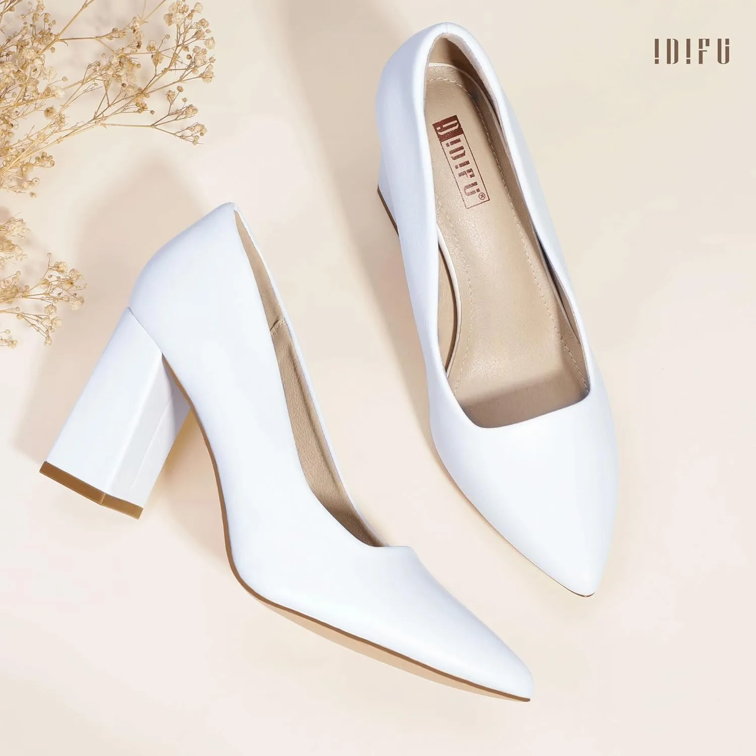 IDIFU IN3 Women's Chunky Block Heels - Pointed Toe Dress Shoes for Women - Dressy Wedding Bride Bridal Prom Work Office Comfortable Thick Heels Pumps Shoes