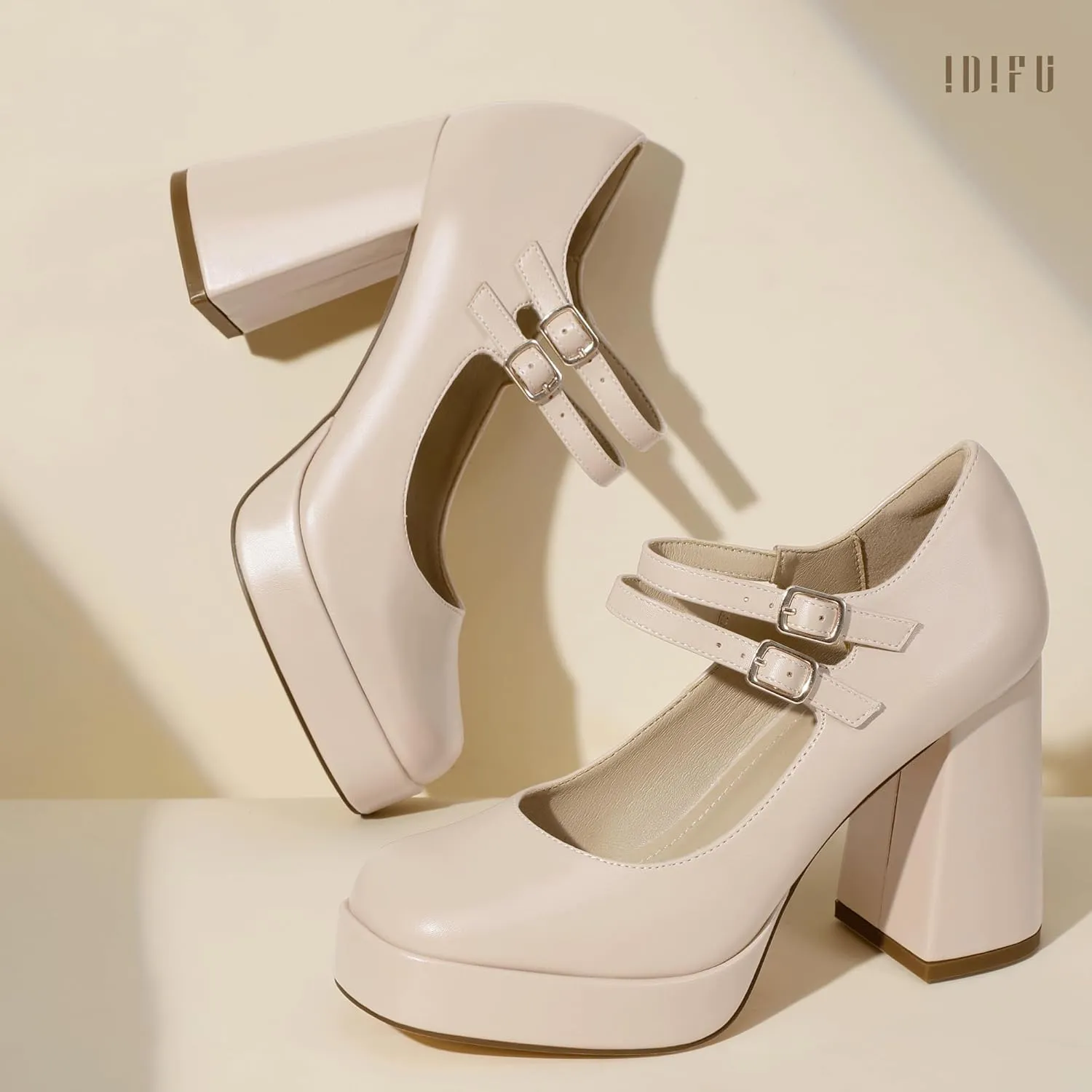 IDIFU IN4 Mary Jane Shoes Platform Chunky High Heels Closed Toe Dress Shoes for Women Wedding Work Business Homecoming Party Shoes Comfortable Casual Dressy Square Toe Heels Pumps