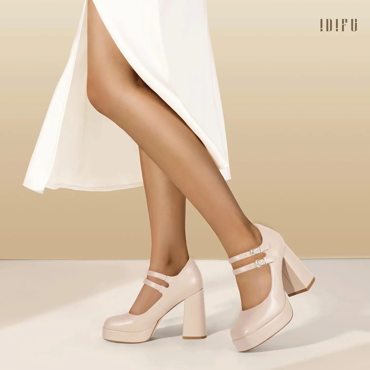 IDIFU IN4 Mary Jane Shoes Platform Chunky High Heels Closed Toe Dress Shoes for Women Wedding Work Business Homecoming Party Shoes Comfortable Casual Dressy Square Toe Heels Pumps