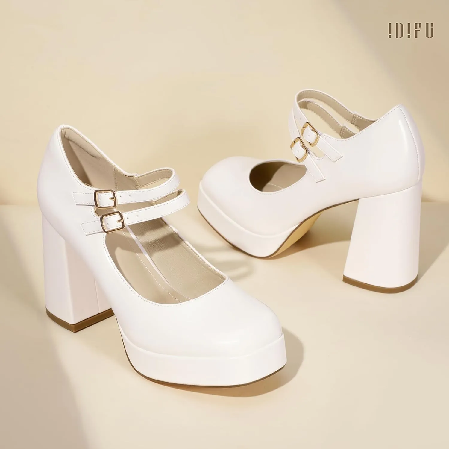 IDIFU IN4 Mary Jane Shoes Platform Chunky High Heels Closed Toe Dress Shoes for Women Wedding Work Business Homecoming Party Shoes Comfortable Casual Dressy Square Toe Heels Pumps