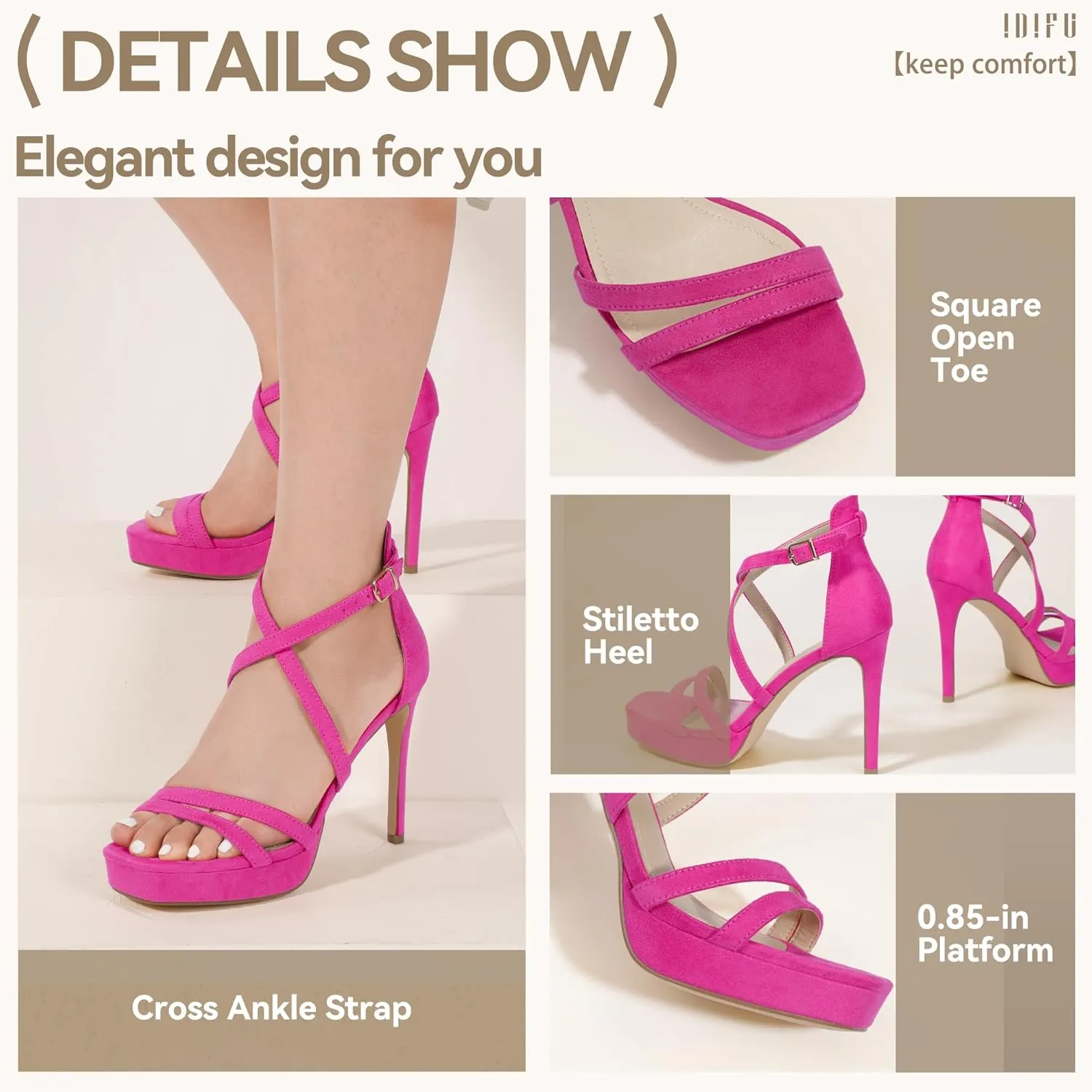 IDIFU IN4 Platform High Heels for Women Strappy Heeled Sandals Square Toe Heels Stiletto Heels Women's Wedding Party Bridal Sexy Dress Shoes Open Toe Heels
