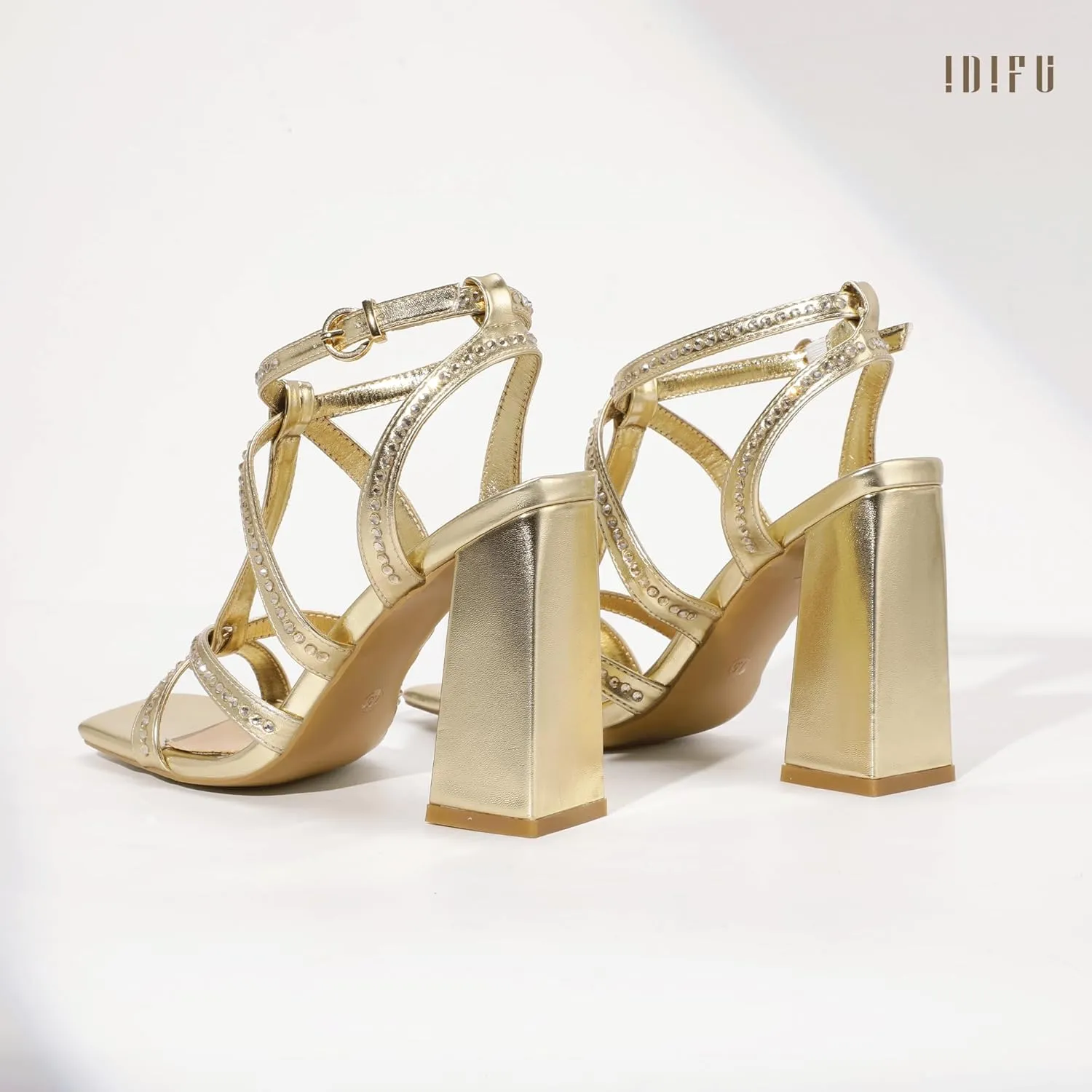 IDIFU IN4 Rhinestone Heels for Women Strappy High Chunky Block Heels Square Toe Slingback Dress Shoes Wedding Bridal Prom Party Heeled Sandals Dressy Sexy Sparkly Thick Heels
