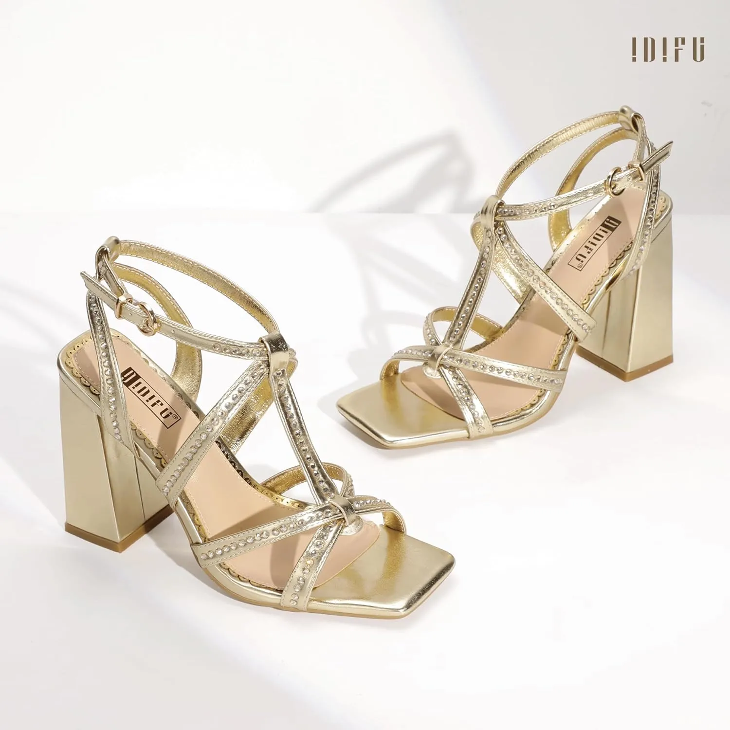 IDIFU IN4 Rhinestone Heels for Women Strappy High Chunky Block Heels Square Toe Slingback Dress Shoes Wedding Bridal Prom Party Heeled Sandals Dressy Sexy Sparkly Thick Heels