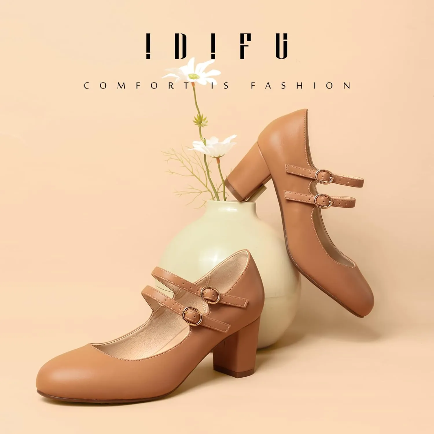 IDIFU Women's Dress Shoes for Women Pumps Mary Jane Heels Low Block Round Closed Toe Wedding Office Work