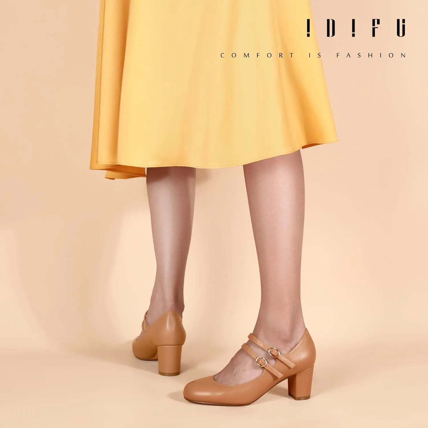 IDIFU Women's Dress Shoes for Women Pumps Mary Jane Heels Low Block Round Closed Toe Wedding Office Work
