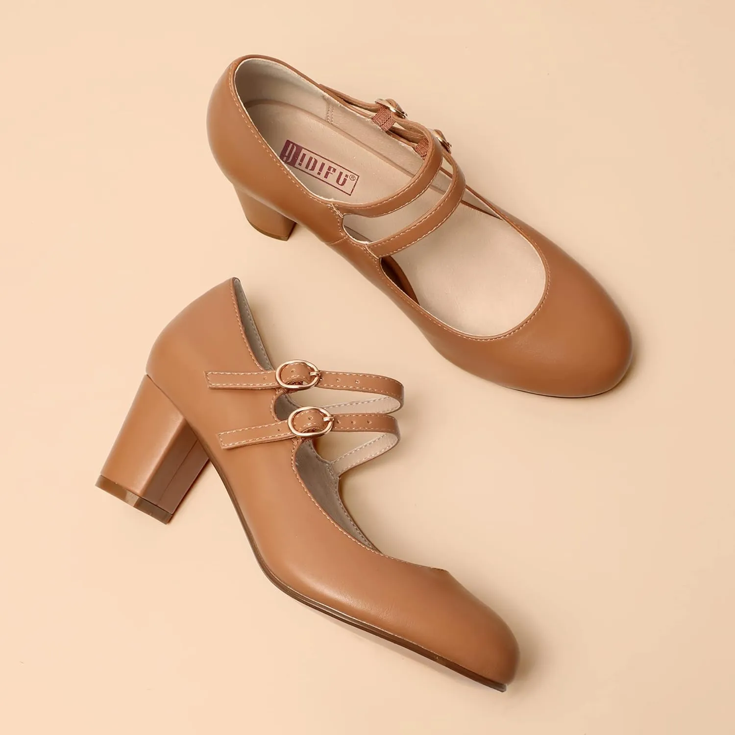IDIFU Women's Dress Shoes for Women Pumps Mary Jane Heels Low Block Round Closed Toe Wedding Office Work