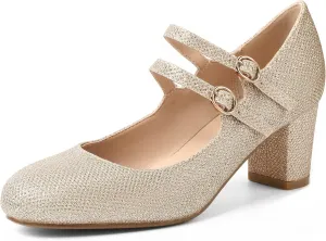 IDIFU Women's Dress Shoes for Women Pumps Mary Jane Heels Low Block Round Closed Toe Wedding Office Work