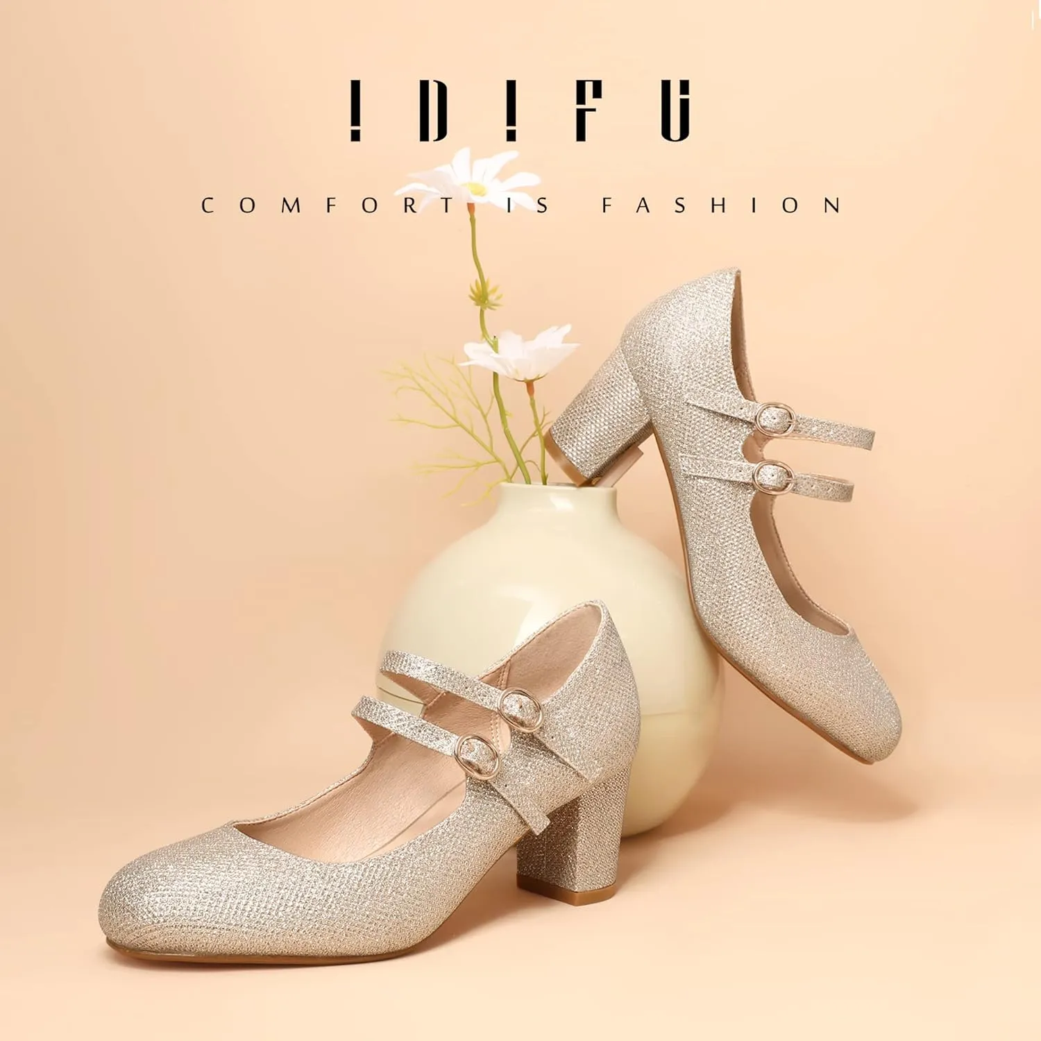 IDIFU Women's Dress Shoes for Women Pumps Mary Jane Heels Low Block Round Closed Toe Wedding Office Work