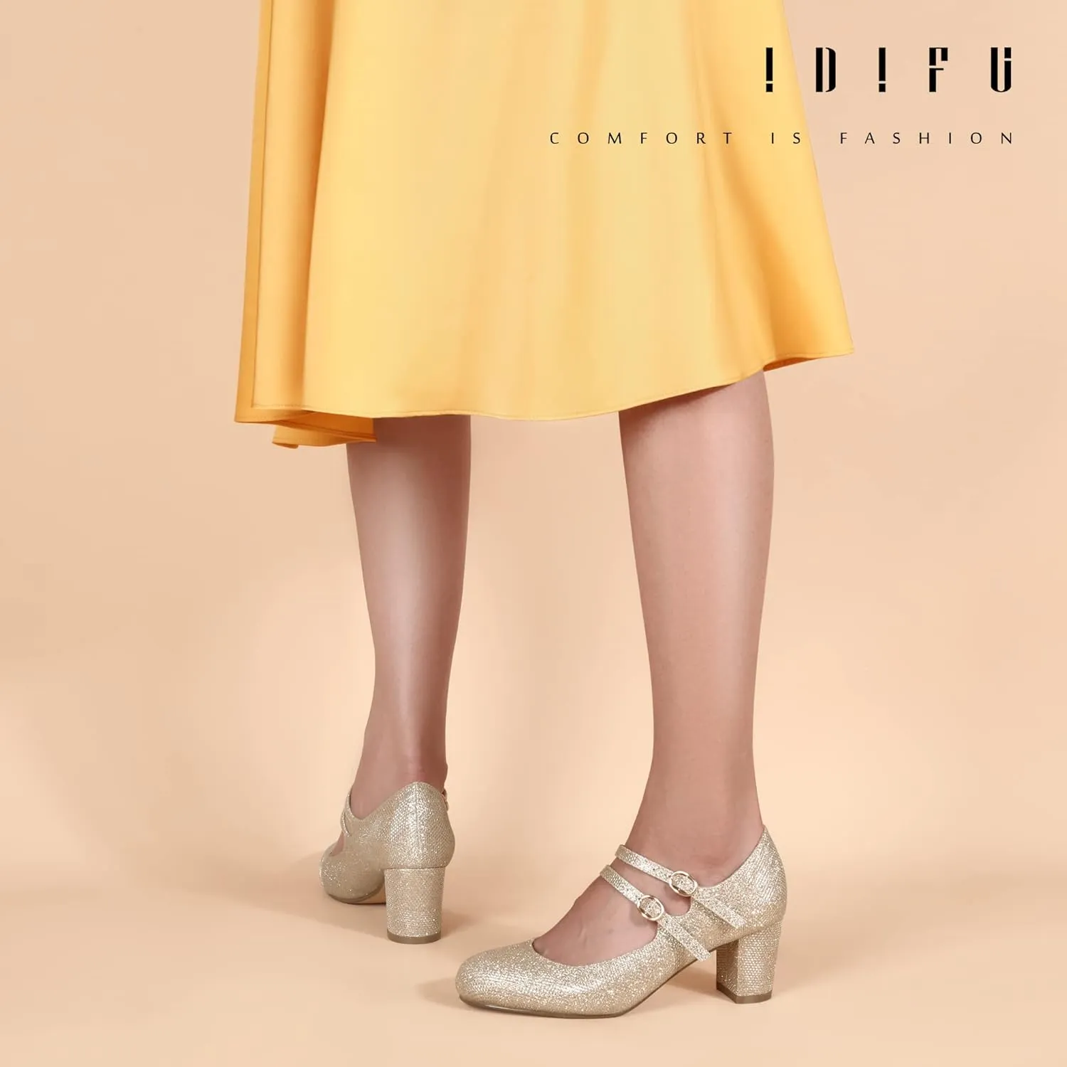 IDIFU Women's Dress Shoes for Women Pumps Mary Jane Heels Low Block Round Closed Toe Wedding Office Work