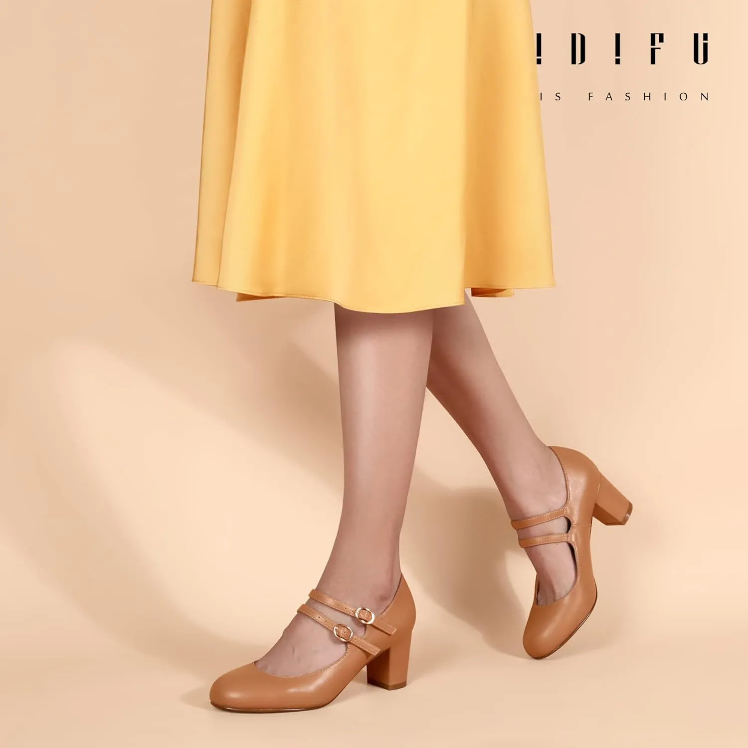 IDIFU Women's Dress Shoes for Women Pumps Mary Jane Heels Low Block Round Closed Toe Wedding Office Work