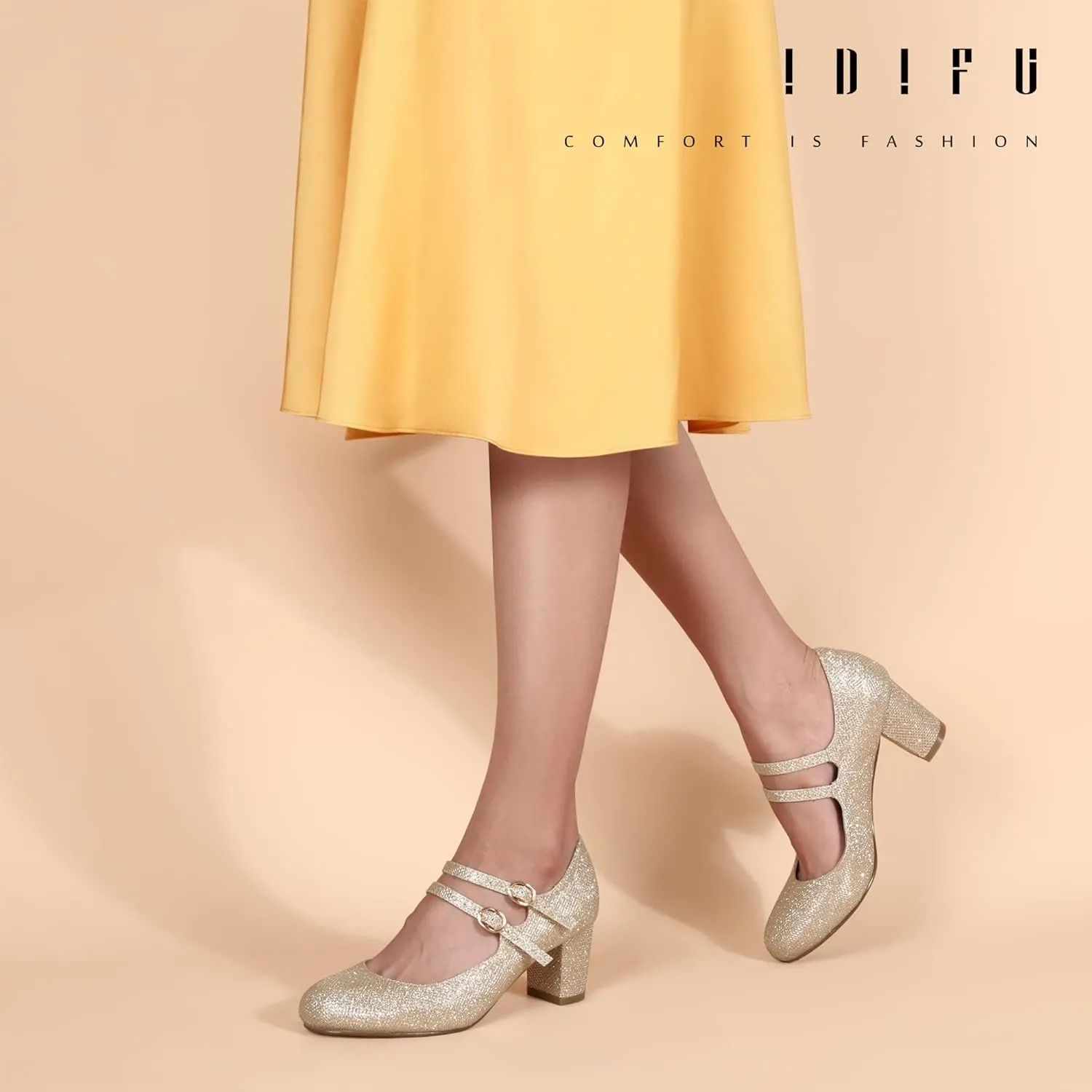 IDIFU Women's Dress Shoes for Women Pumps Mary Jane Heels Low Block Round Closed Toe Wedding Office Work