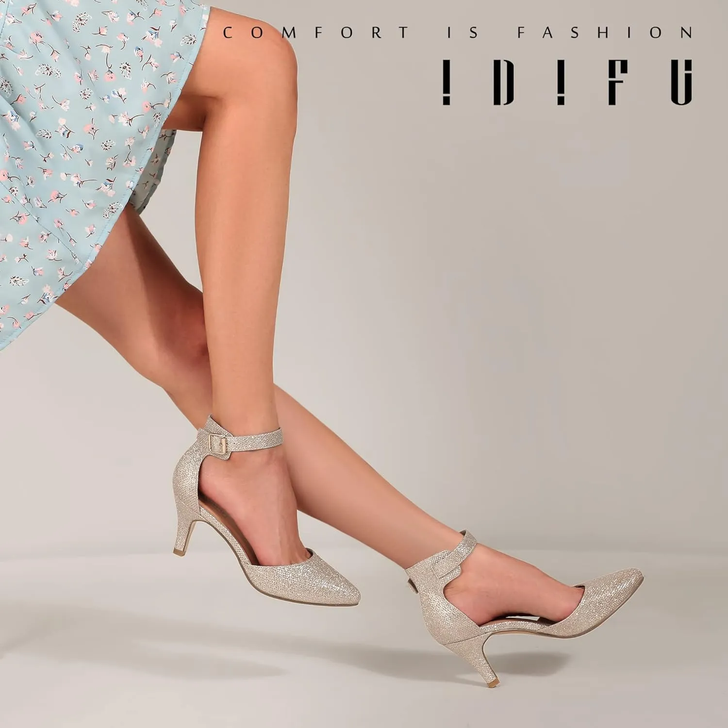 IDIFU Women's IN3 D'Orsay Pumps Low Kitten Heels for Women Dress Shoes Pointed Closed Toe Wedding Bride Ankle Strap Dressy Silver Black Nude White Gold Heels for Women