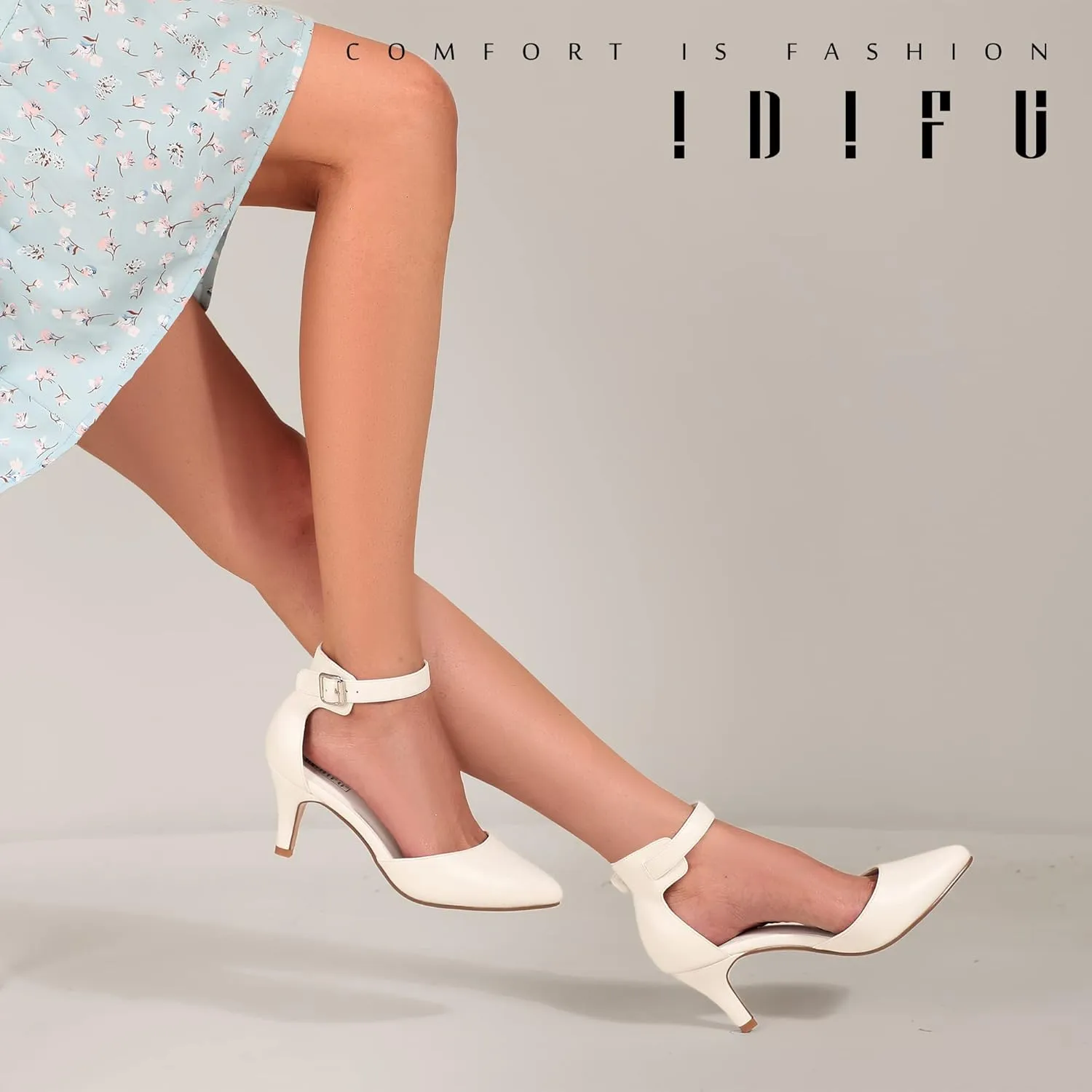 IDIFU Women's IN3 D'Orsay Pumps Low Kitten Heels for Women Dress Shoes Pointed Closed Toe Wedding Bride Ankle Strap Dressy Silver Black Nude White Gold Heels for Women