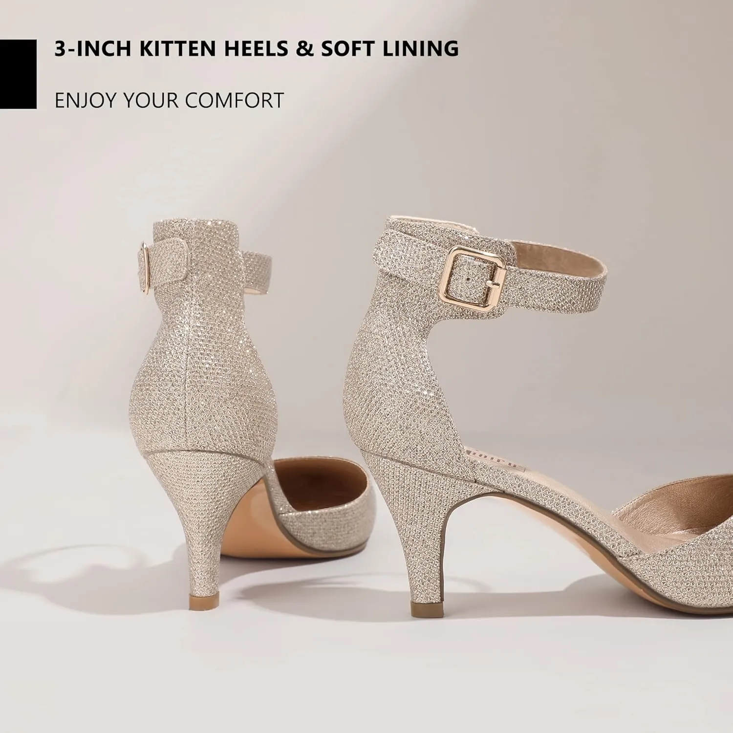 IDIFU Women's IN3 D'Orsay Pumps Low Kitten Heels for Women Dress Shoes Pointed Closed Toe Wedding Bride Ankle Strap Dressy Silver Black Nude White Gold Heels for Women