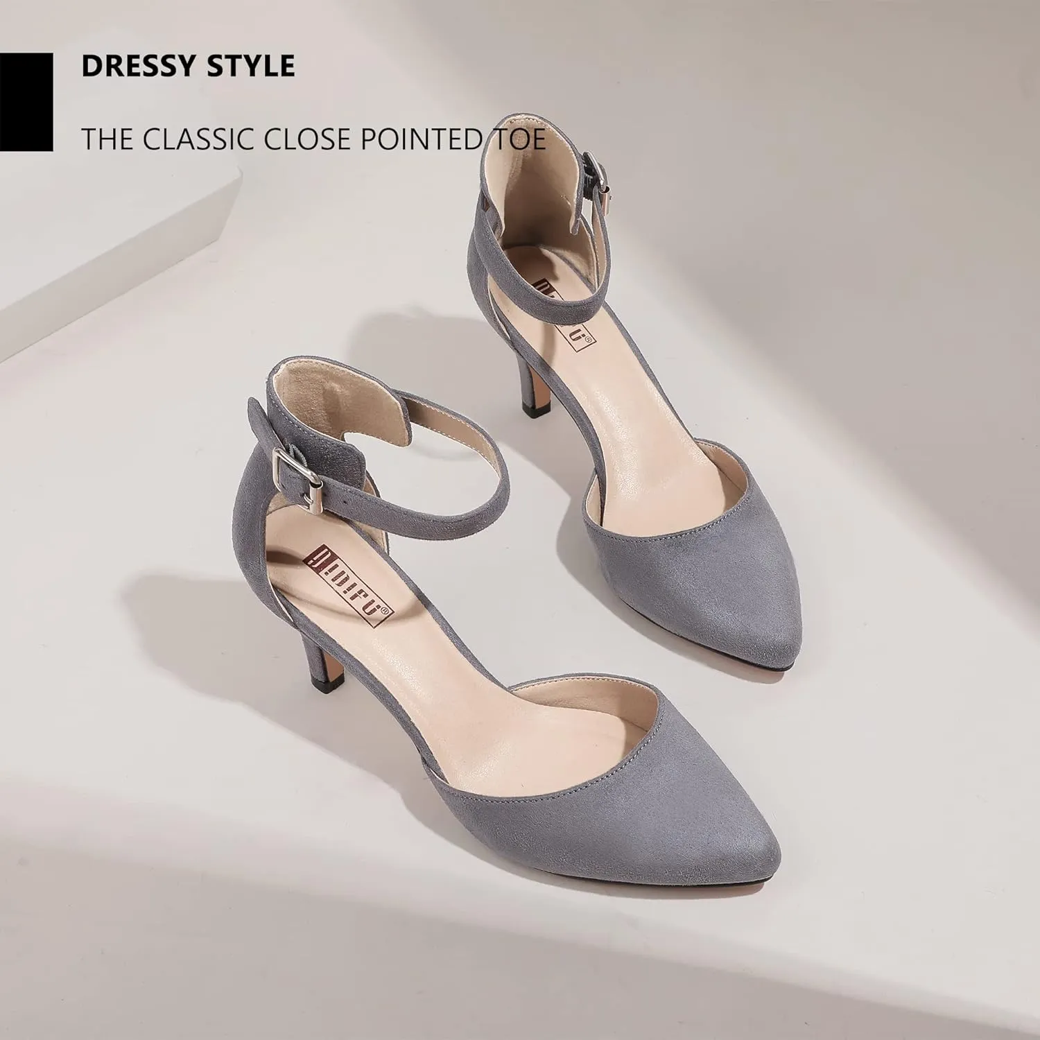 IDIFU Women's IN3 D'Orsay Pumps Low Kitten Heels for Women Dress Shoes Pointed Closed Toe Wedding Bride Ankle Strap Dressy Silver Black Nude White Gold Heels for Women