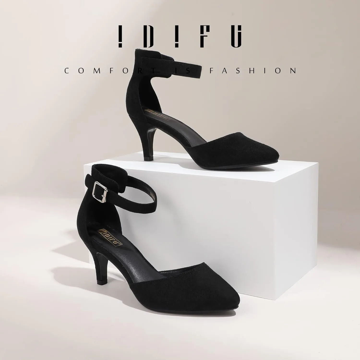 IDIFU Women's IN3 D'Orsay Pumps Low Kitten Heels for Women Dress Shoes Pointed Closed Toe Wedding Bride Ankle Strap Dressy Silver Black Nude White Gold Heels for Women
