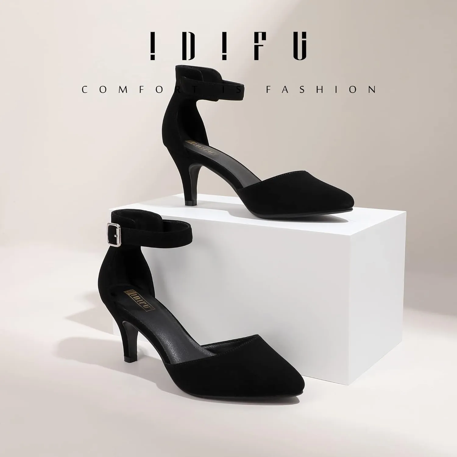 IDIFU Women's IN3 D'Orsay Pumps Low Kitten Heels for Women Dress Shoes Pointed Closed Toe Wedding Bride Ankle Strap Dressy Silver Black Nude White Gold Heels for Women
