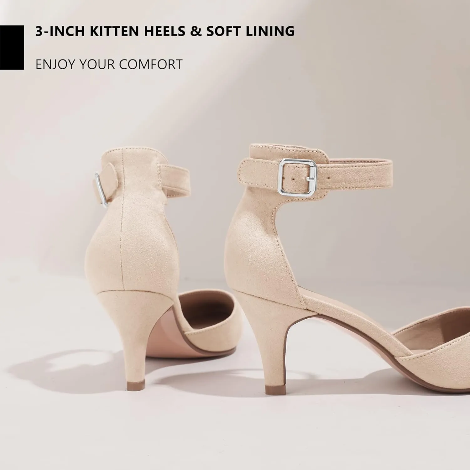 IDIFU Women's IN3 D'Orsay Pumps Low Kitten Heels for Women Dress Shoes Pointed Closed Toe Wedding Bride Ankle Strap Dressy Silver Black Nude White Gold Heels for Women