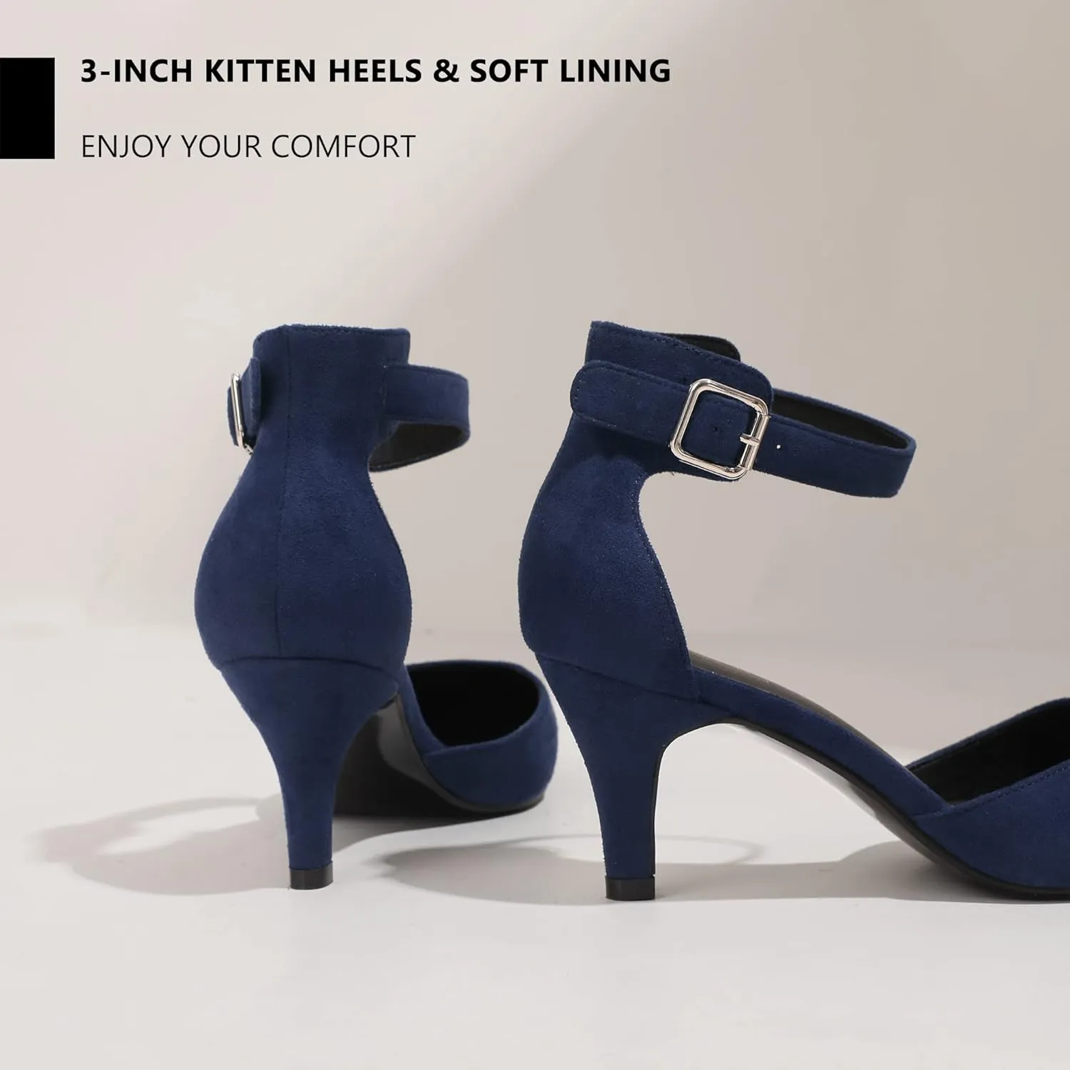 IDIFU Women's IN3 D'Orsay Pumps Low Kitten Heels for Women Dress Shoes Pointed Closed Toe Wedding Bride Ankle Strap Dressy Silver Black Nude White Gold Heels for Women