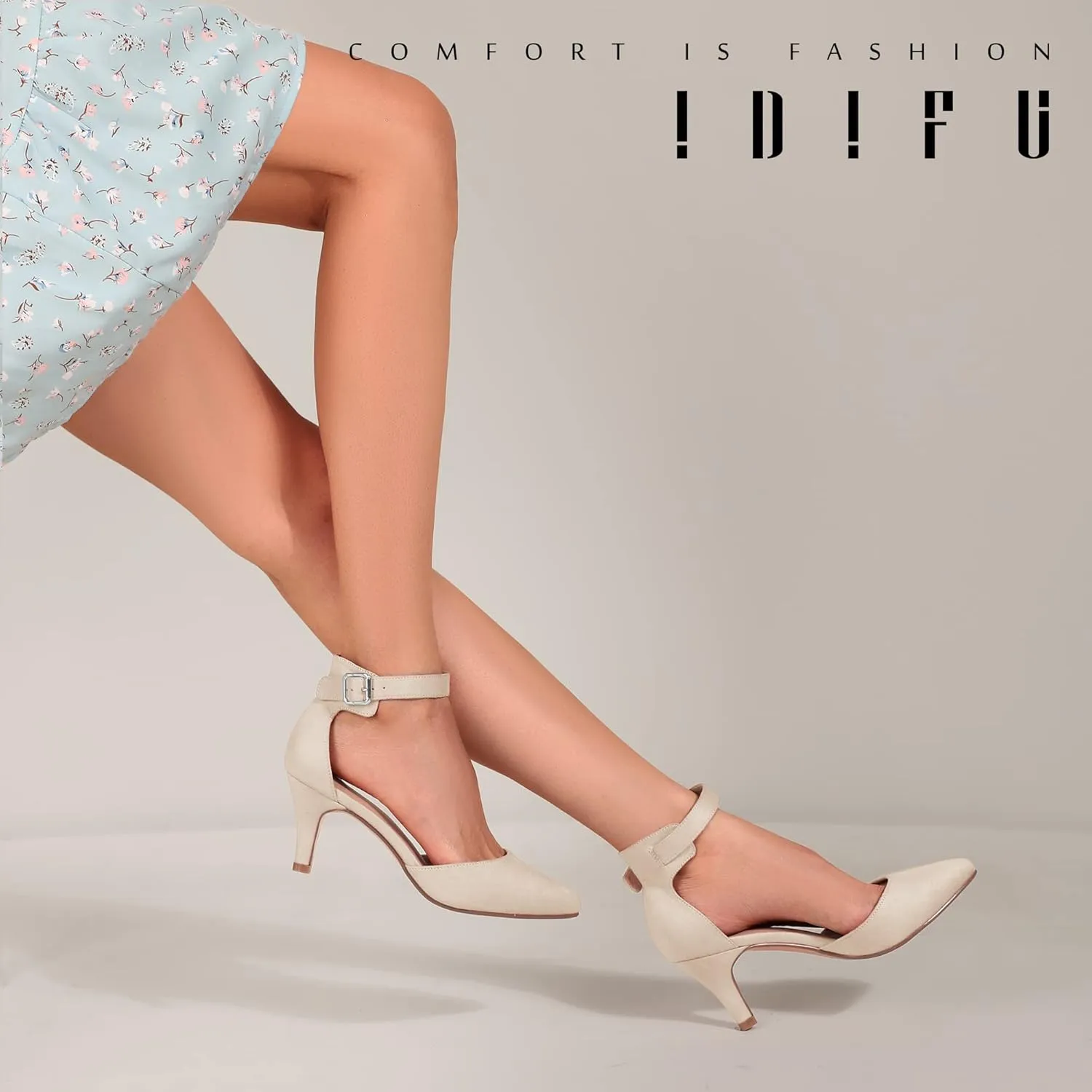 IDIFU Women's IN3 D'Orsay Pumps Low Kitten Heels for Women Dress Shoes Pointed Closed Toe Wedding Bride Ankle Strap Dressy Silver Black Nude White Gold Heels for Women