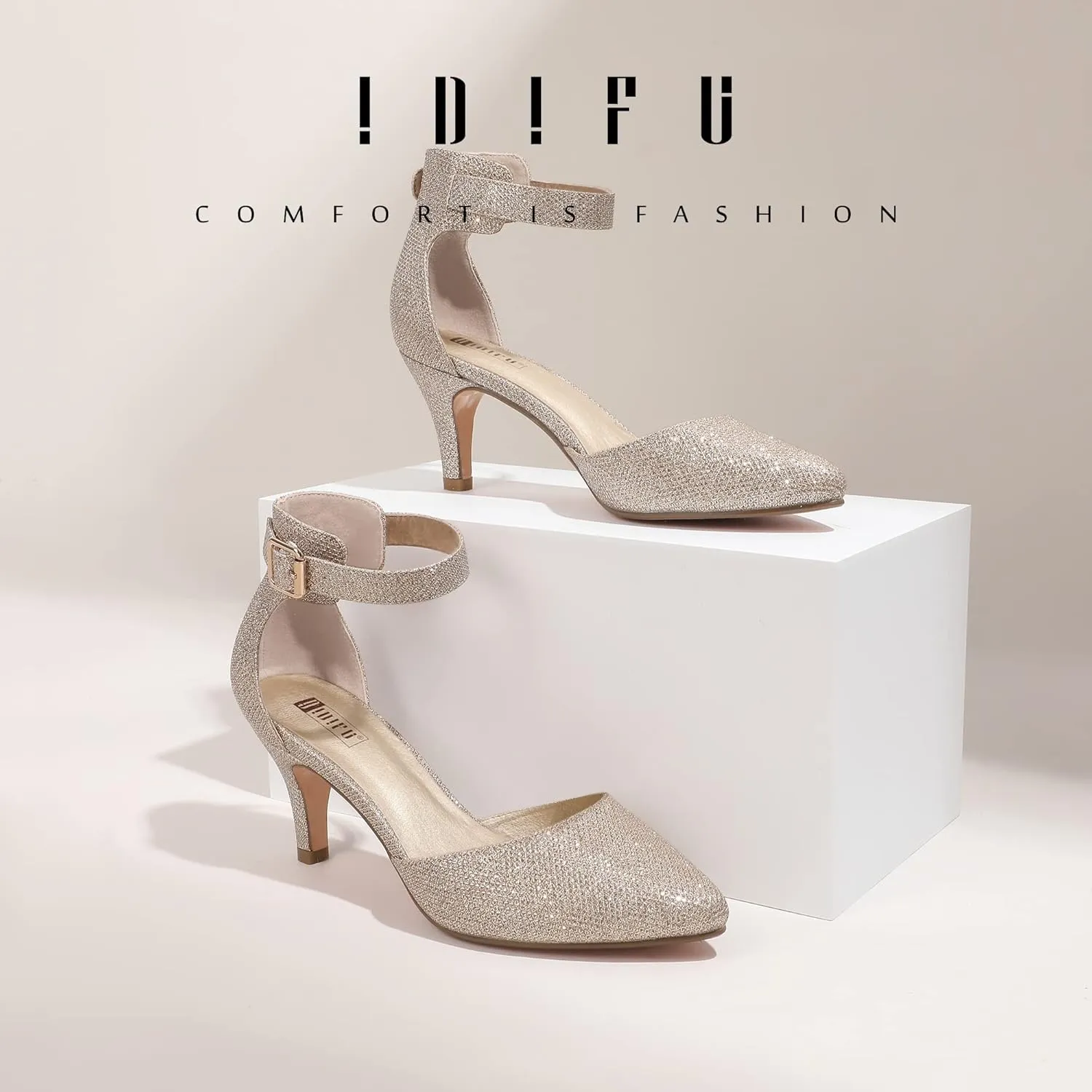 IDIFU Women's IN3 D'Orsay Pumps Low Kitten Heels for Women Dress Shoes Pointed Closed Toe Wedding Bride Ankle Strap Dressy Silver Black Nude White Gold Heels for Women